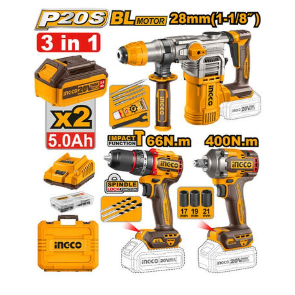 Σετ 3 εργαλεία, Kρουστικό Δραπανοκατσάβιδο, Μπουλονόκλειδο, Περιστροφικό κρουστικό πιστολέτο, 2 μπαταρίες 5ΑΗ, σε σκληρή θήκη CKLI20638E - Ingco