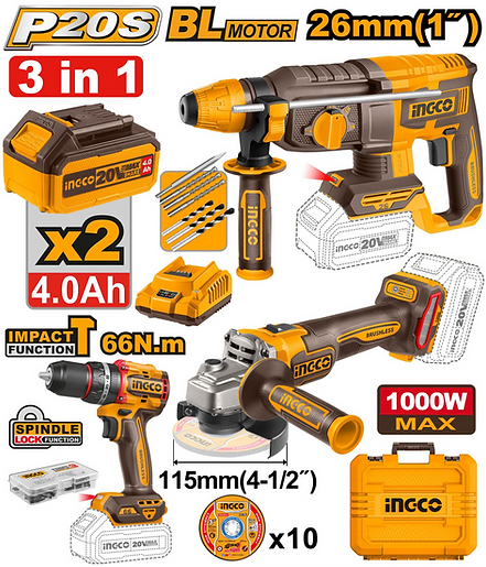 Σετ 3 Eργαλεία Cordless 20V Lithium-Ion Combo Kit με 2 μπαταρίες 4Ah – INGCO – COSLI241198E