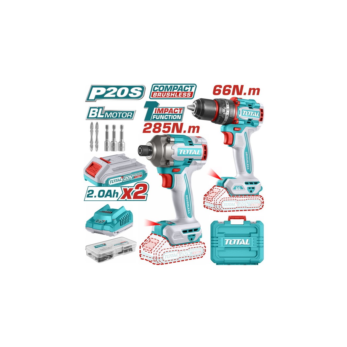 Σετ Κρουστικό Δραπανοκατσάβιδο και Παλμικό Κατσαβίδι με 2 μπαταρίες 2Ah - TCKLI20277E - Total