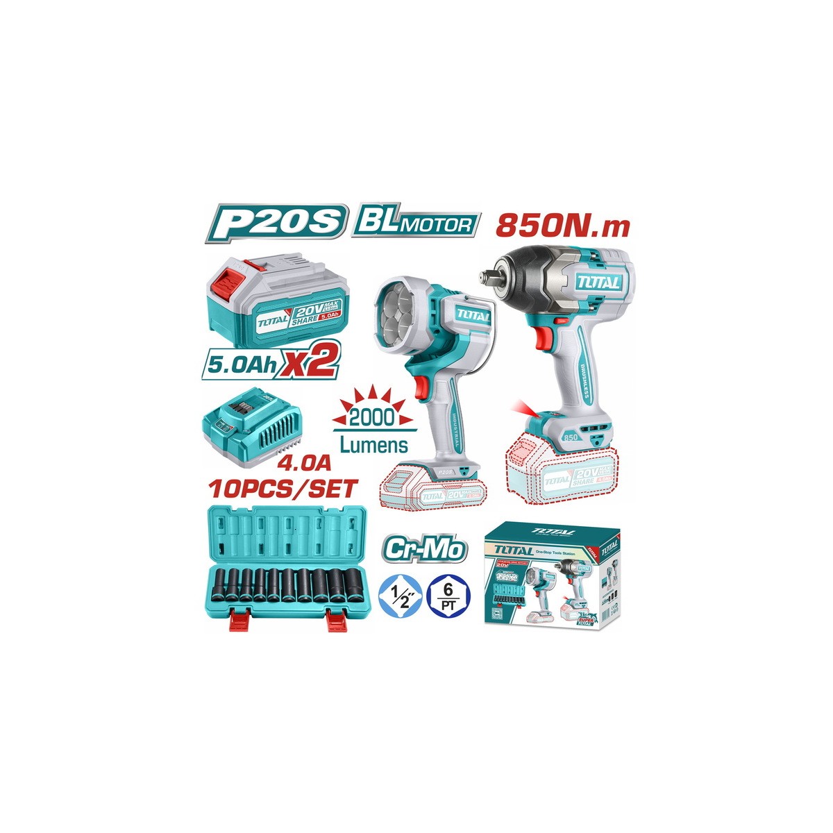 Σετ Μπουλονόκλειδο 850Nm, Προβολέας μπαταρίας με 2 μπαταρίες 5Ah - TOSLI241181E - Total