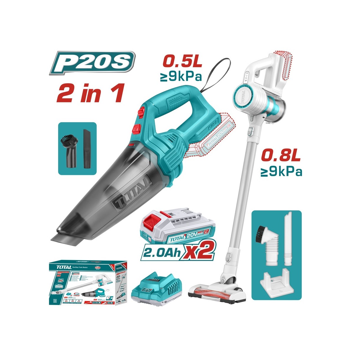 Σετ Σκουπάκια Μπαταρίας Li-ion 20V με 2 μπαταρίες και φορτιστή - TOSLI29832E - Total