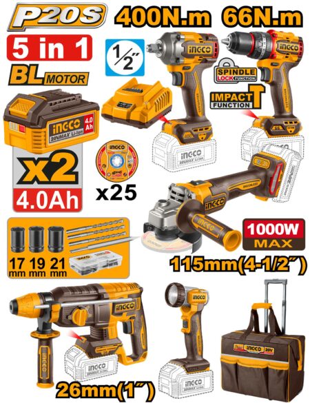 Σετ 5 Εργαλεία Μπαταρίας Κρουστικό δραπανοκατσάβιδο, μπουλονόκλειδο, Κρουστικό Πιστολέτο, Γωνιακό Τροχό, Λάμπα Εργασίας LED 20V Li-Ion με 2 Μπαταρίες 4.0Ah, Φορτιστή και Αξεσουάρ - CKLI2059E - INGCO