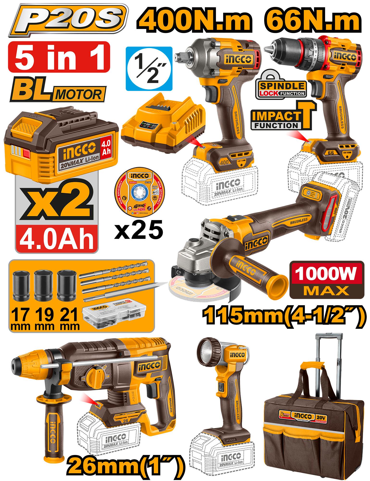 Σετ 5 Εργαλεία Μπαταρίας Κρουστικό δραπανοκατσάβιδο, μπουλονόκλειδο, Κρουστικό Πιστολέτο, Γωνιακό Τροχό, Λάμπα Εργασίας LED 20V Li-Ion με 2 Μπαταρίες 4.0Ah, Φορτιστή και Αξεσουάρ - CKLI2059E - INGCO