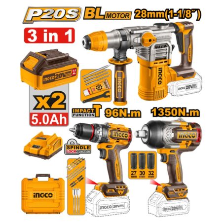 Σετ Κρουστικό Πιστολέτο, Μπουλονόκλειδο & Δραπανοκατσάβιδο Μπαταρίας 20V με 2 Μπαταρίες 5.0Ah και Φορτιστή - COSLI25028 -  Ingco