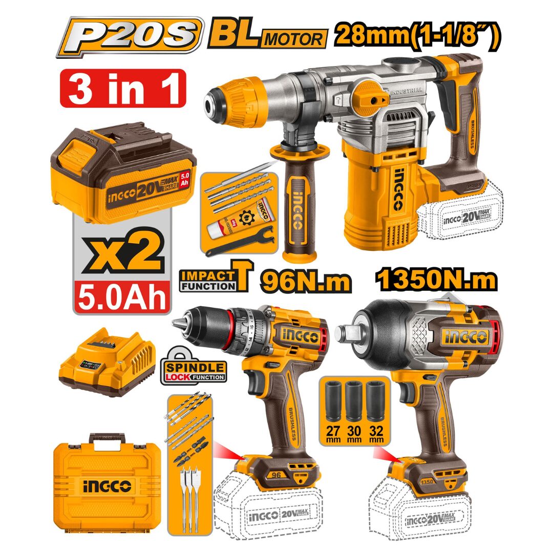 Σετ Κρουστικό Πιστολέτο, Μπουλονόκλειδο & Δραπανοκατσάβιδο Μπαταρίας 20V με 2 Μπαταρίες 5.0Ah και Φορτιστή - COSLI25028 -  Ingco