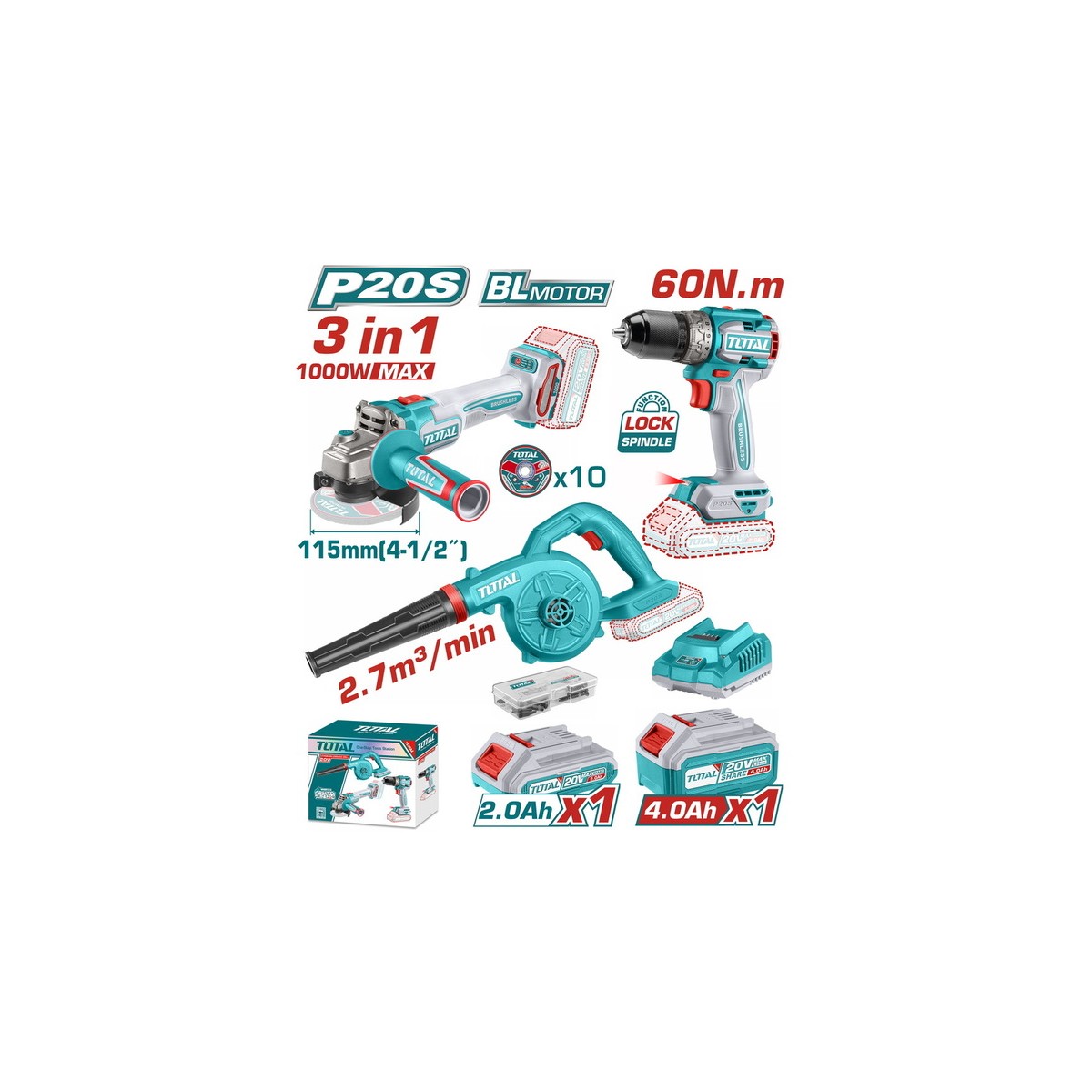 Σετ 3 εργαλεία, γωνιακός τροχός, δραπανοκατσάβιδο και φυσητήρας μπαταρίας 20v με δύο μπαταρίες (4Ah και 2Αh) - TOSLI241192E - Total