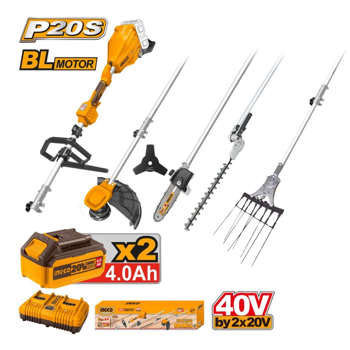 Ασύρματο Πολυεργαλείο Κήπου 4in1 40V με ελαιοραβδιστή και 2 μπαταρίες INGCO - CSTLI2040386