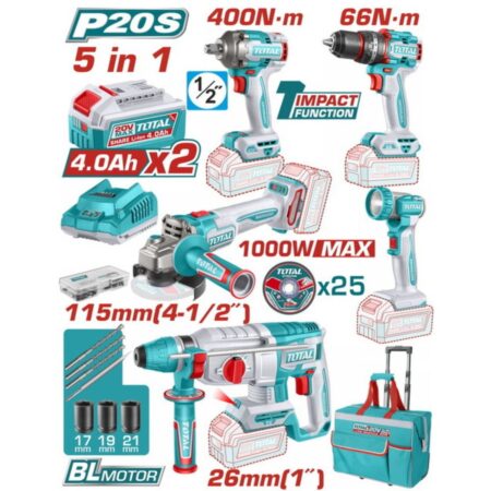Σετ 5 εργαλεία μπαταρίας με 2 μπαταρίες 4Ah - TCKLI20592E - Total