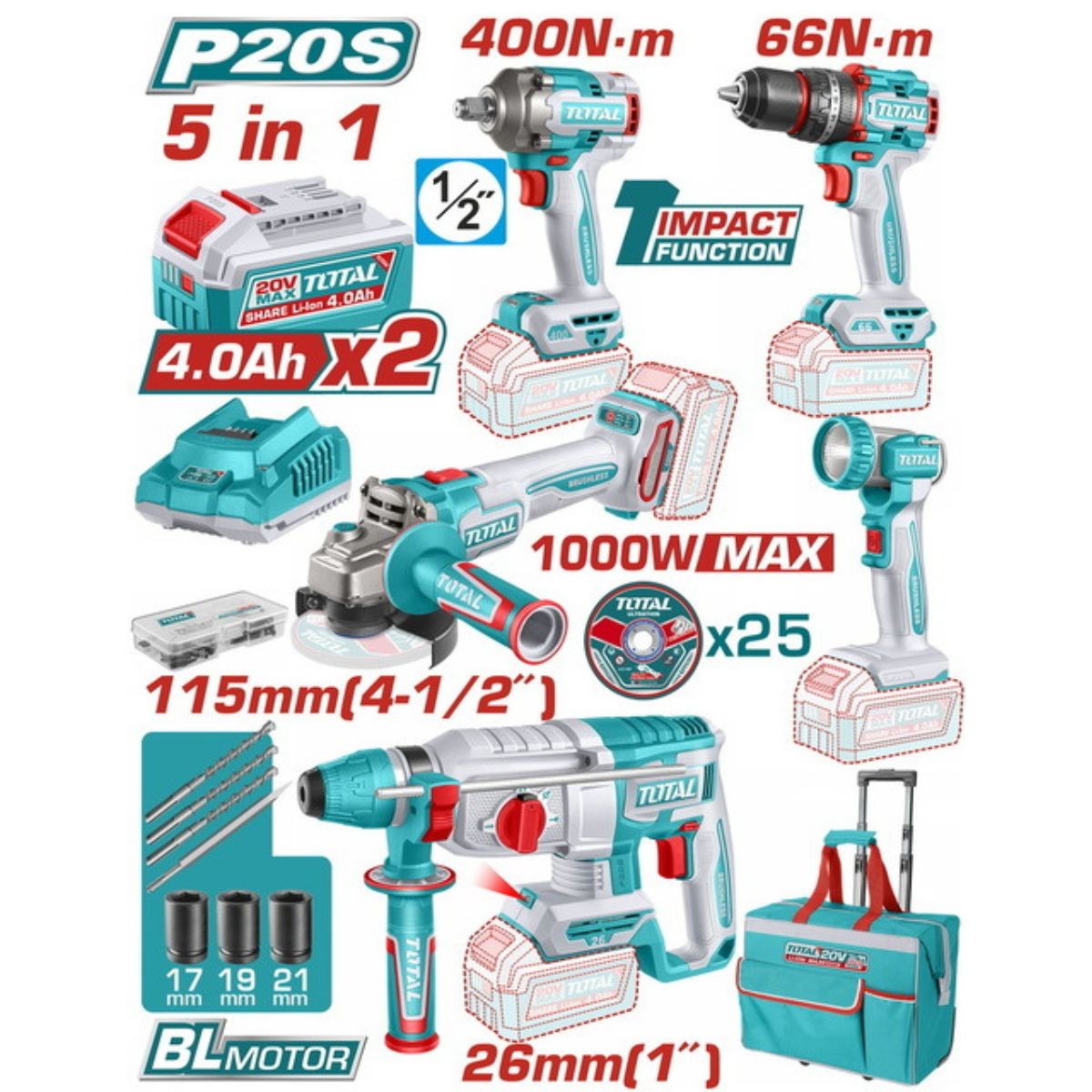Σετ 5 εργαλεία μπαταρίας με 2 μπαταρίες 4Ah - TCKLI20592E - Total