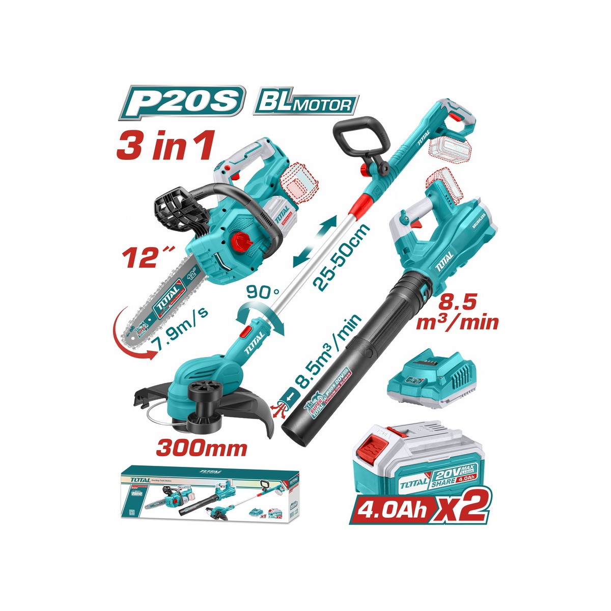 Σετ 3 εργαλείων μπαταρίας - Αλυσοπρίονο, Θαμνοκοπτικό & Φυσητήρας με δύο μπαταρίες 4Αh - TOSLI2411989E - TOTAL