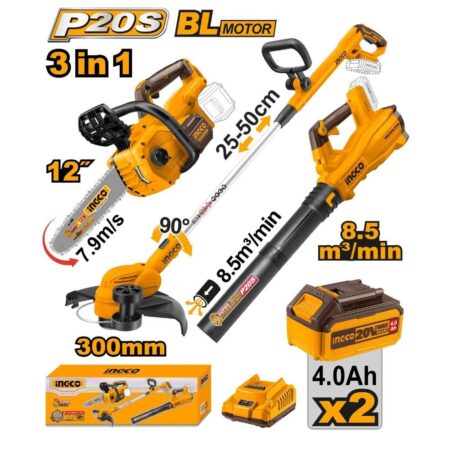 Σετ Εργαλείων Κήπου 3 σε 1 Αλυσοπρίονο, Χορτοκοπτικό & Φυσητήρας Μπαταρίας 20V με 2 μπαταρίες - COSLI241189E - INGCO