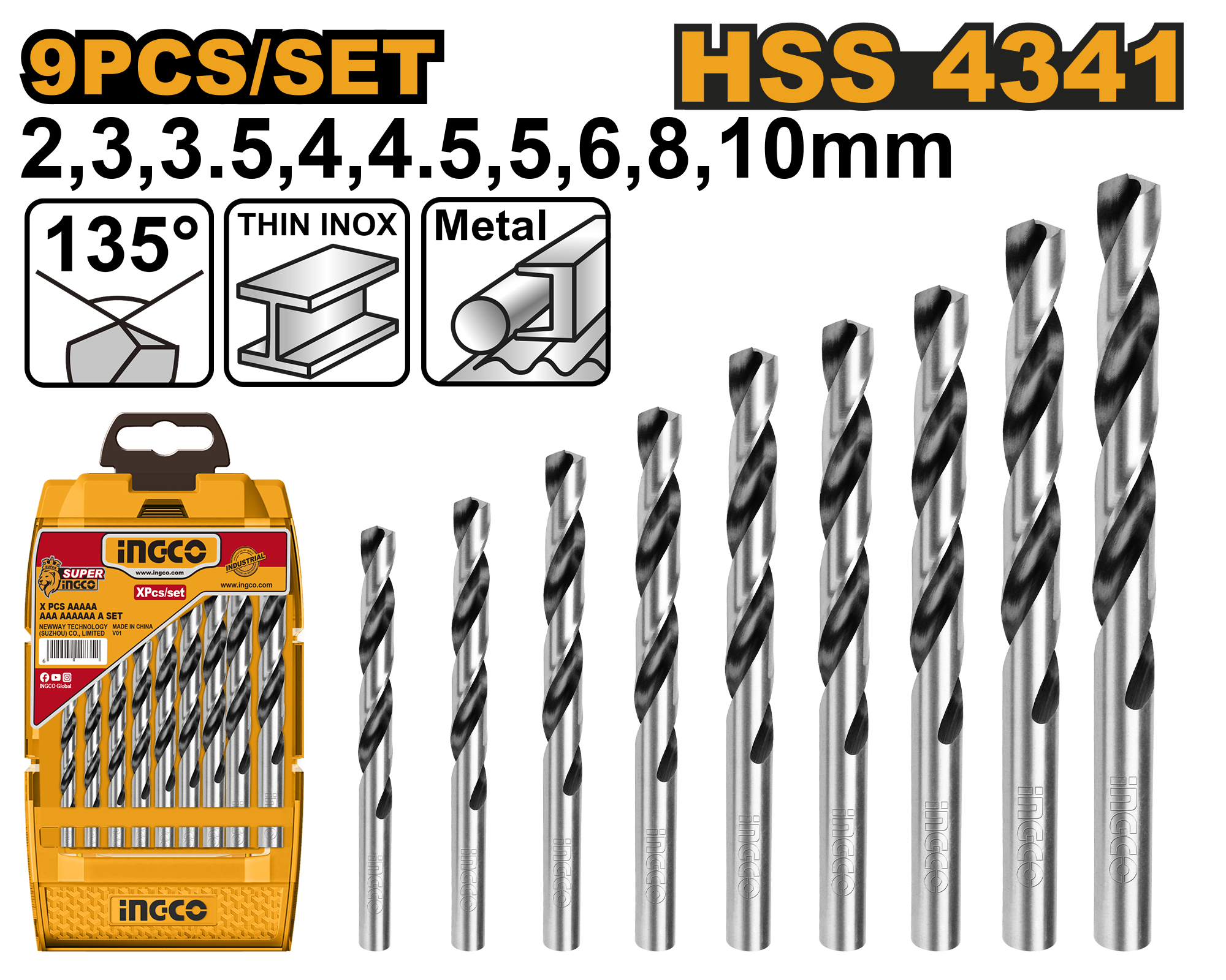 9Pcs hss twist drill bits set - AKD1095 - INGCO
