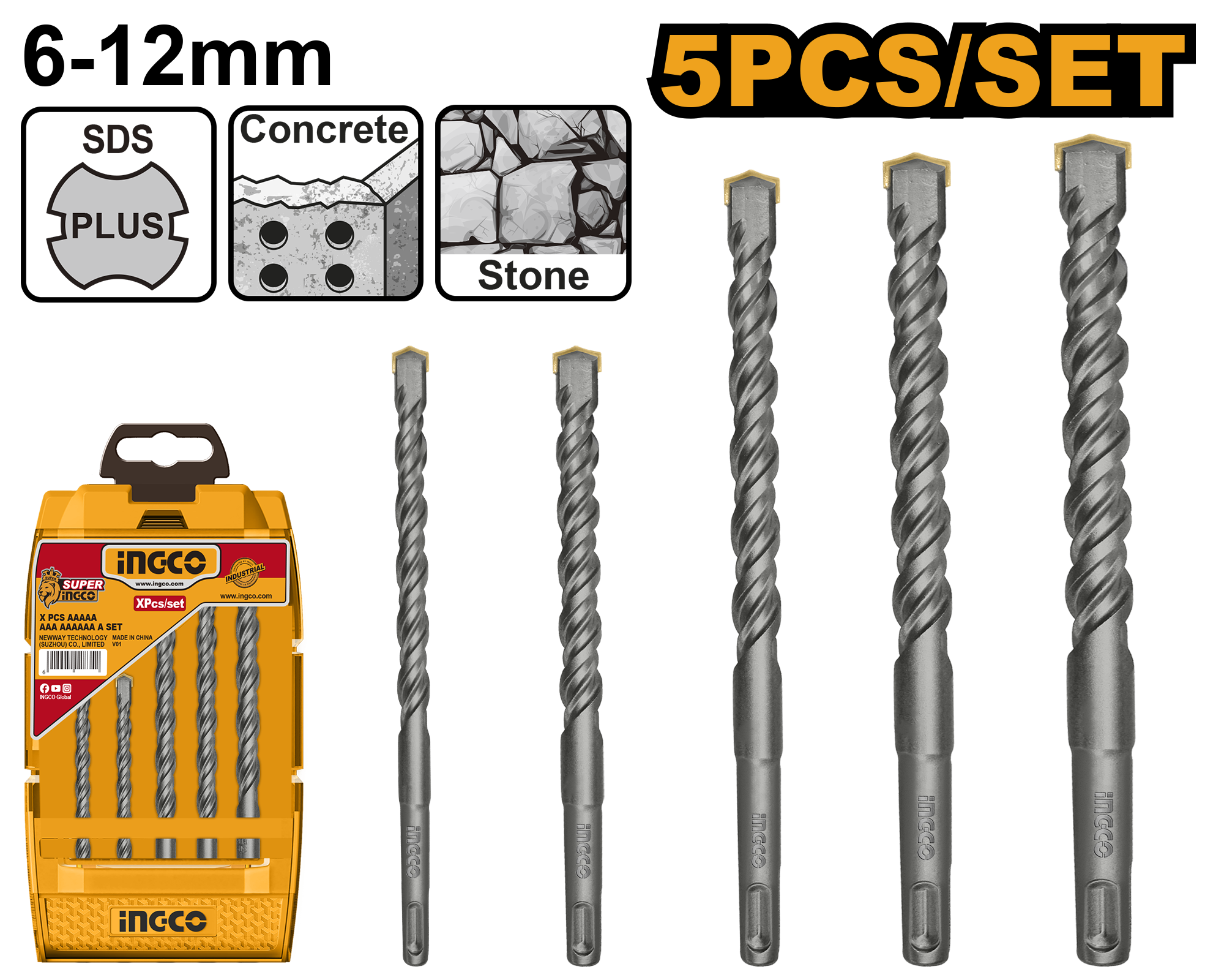 5Pcs sds plus hammer drill bits set - AKD2052 - INGCO