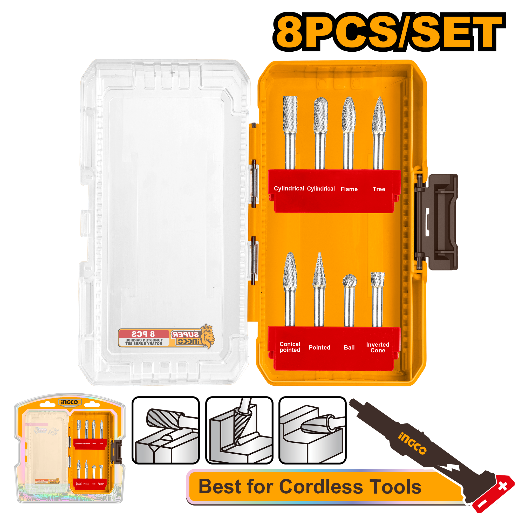 Tungsten carbide rotary burrs set 8pcs - AKDL10801 - INGCO