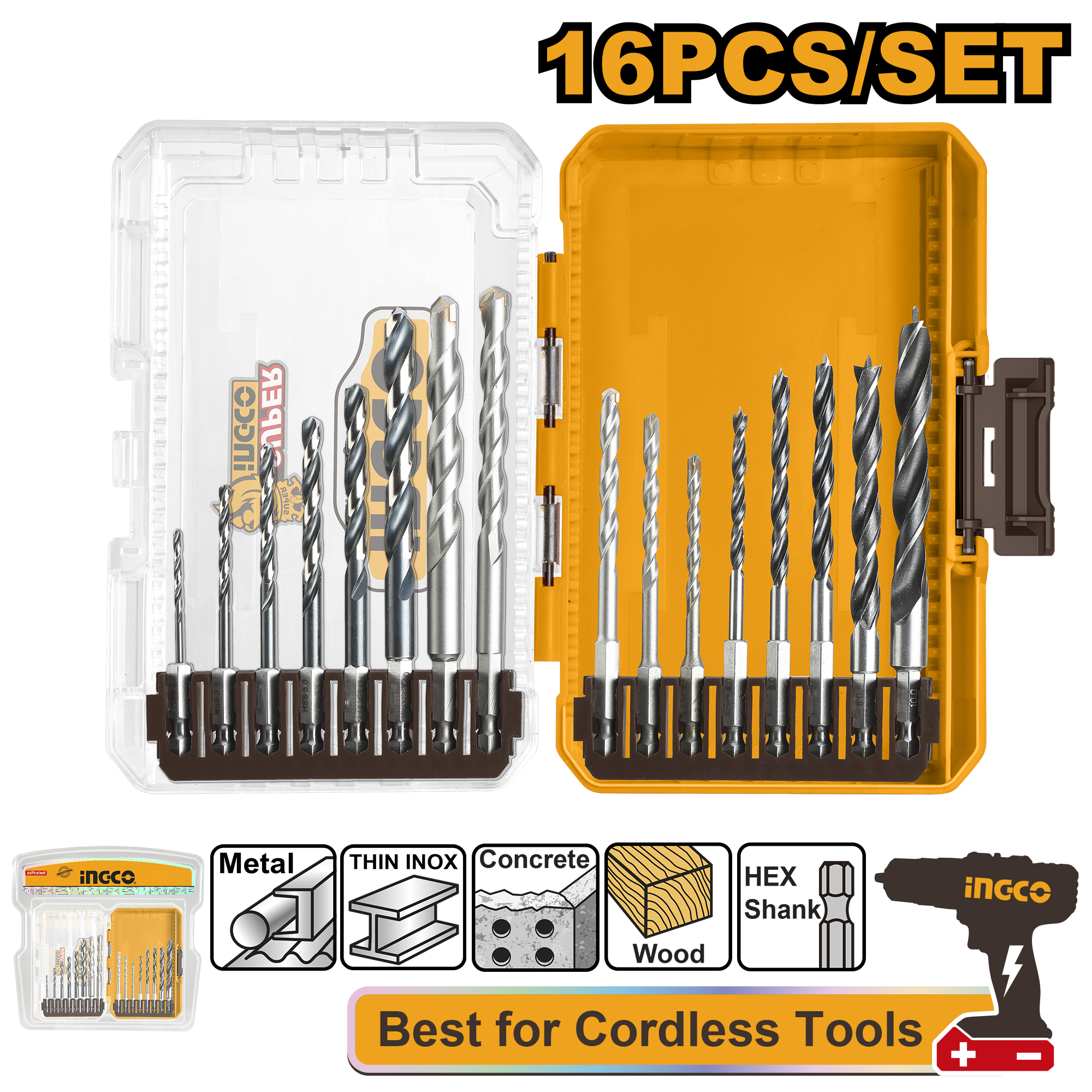 16Pcs metal multifunction drill and wood drill bits set - AKDL11606 - INGCO