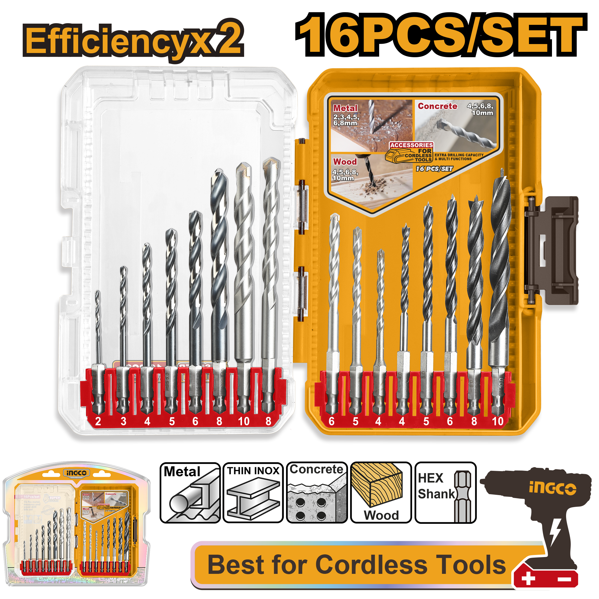 16Pcs metal, masonry and wood drill bits set - AKDL11608 - INGCO