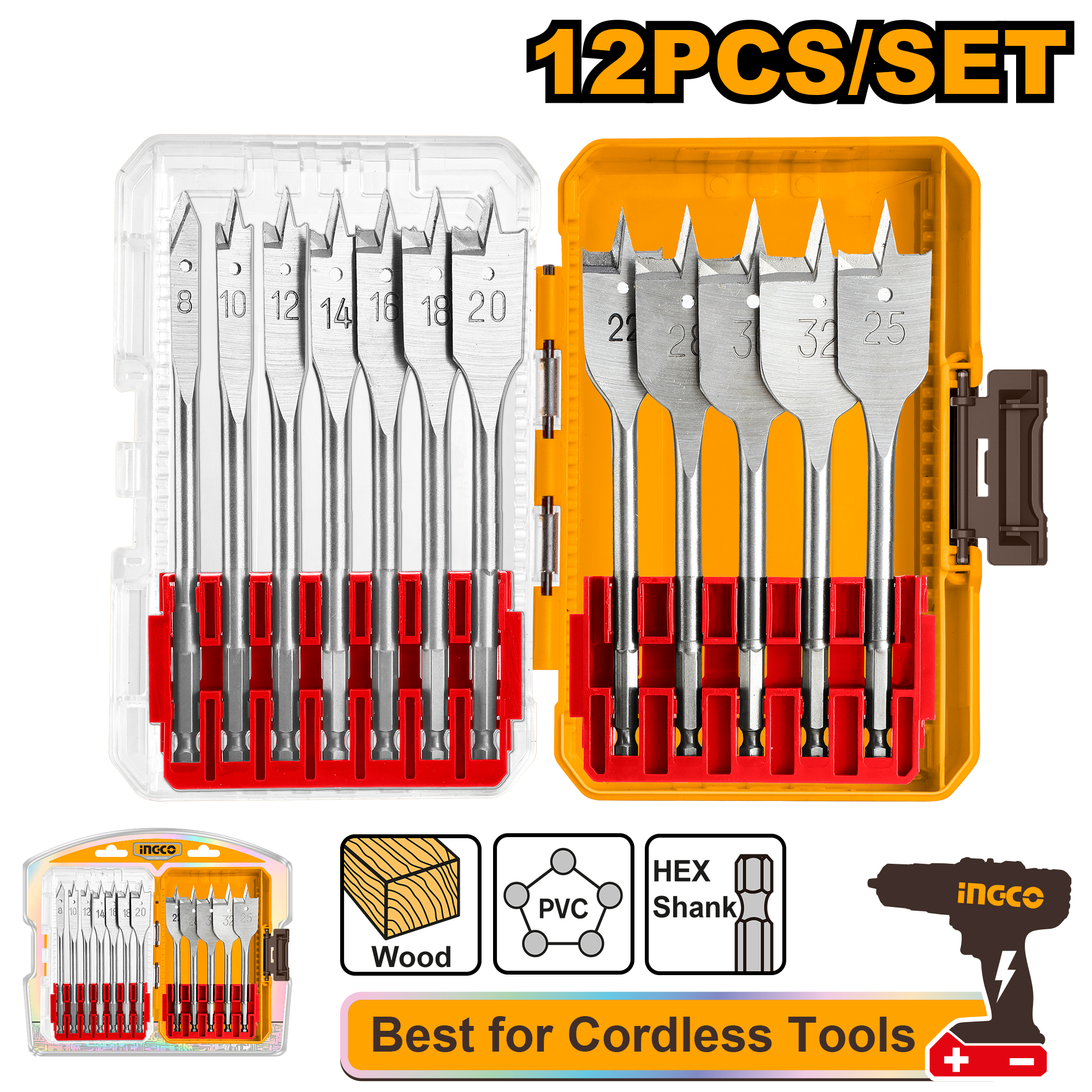 12Pcs flat wood drill bits set - AKDL1206 - INGCO