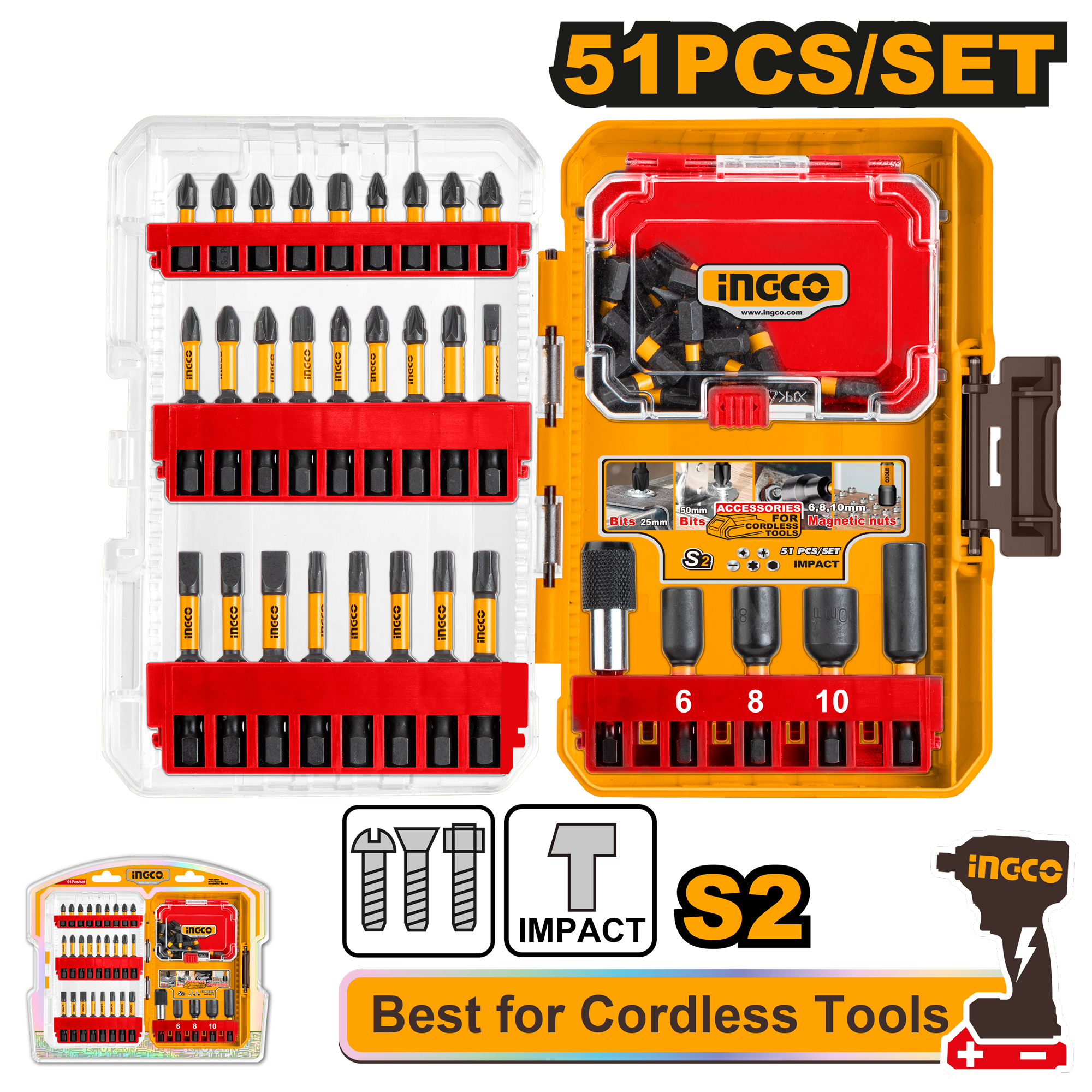 Set impact screwdriver bits 51pcs - AKDL25106 - INGCO