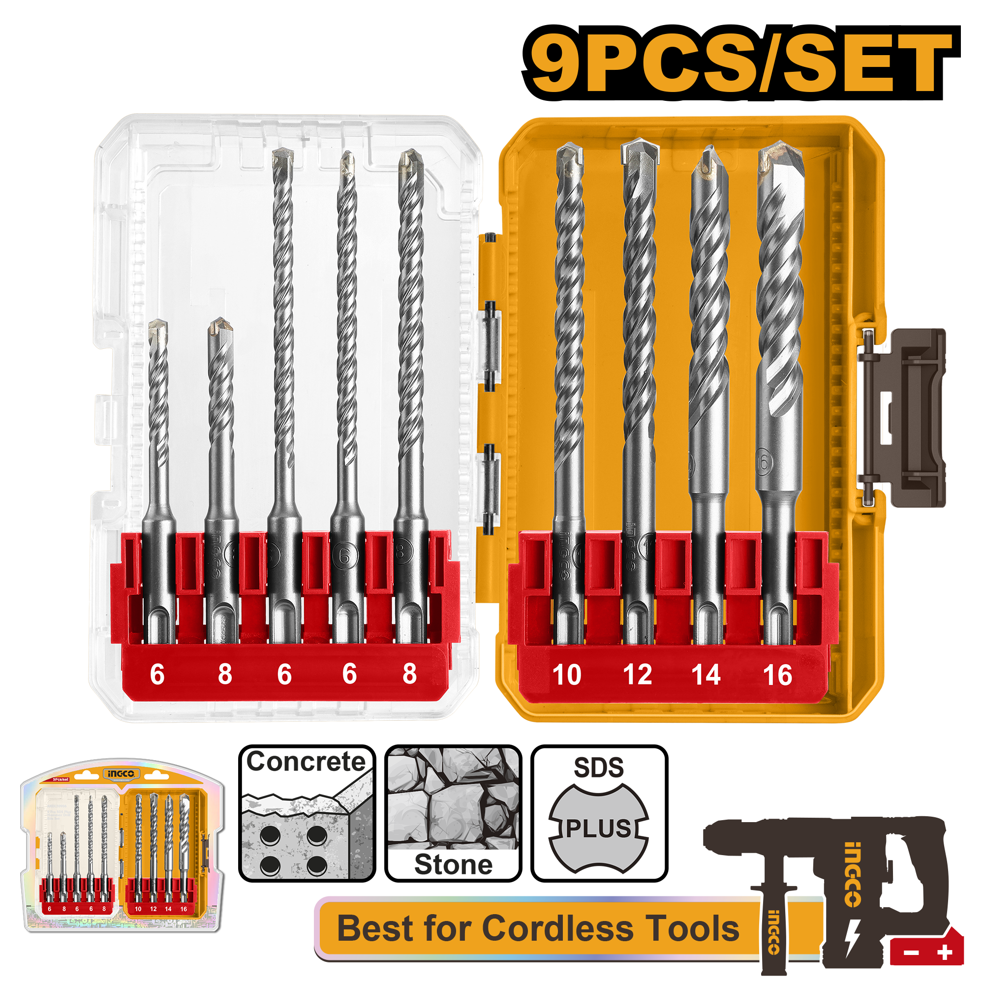 Set hammer drill bits sds plus 9pcs - AKDL30906 - INGCO