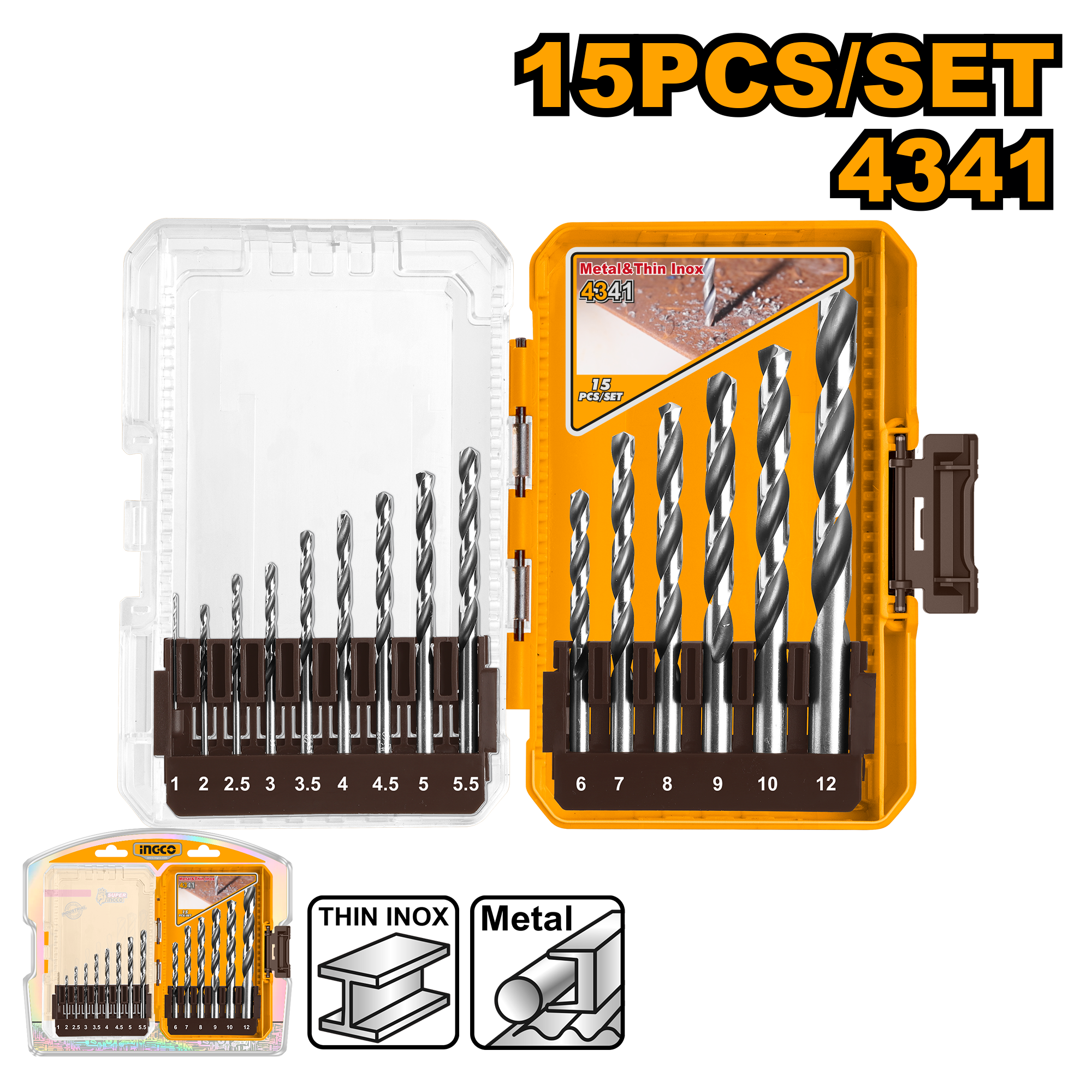 Drill bits set 15pcs 4341 hss - AKDL51506 - INGCO
