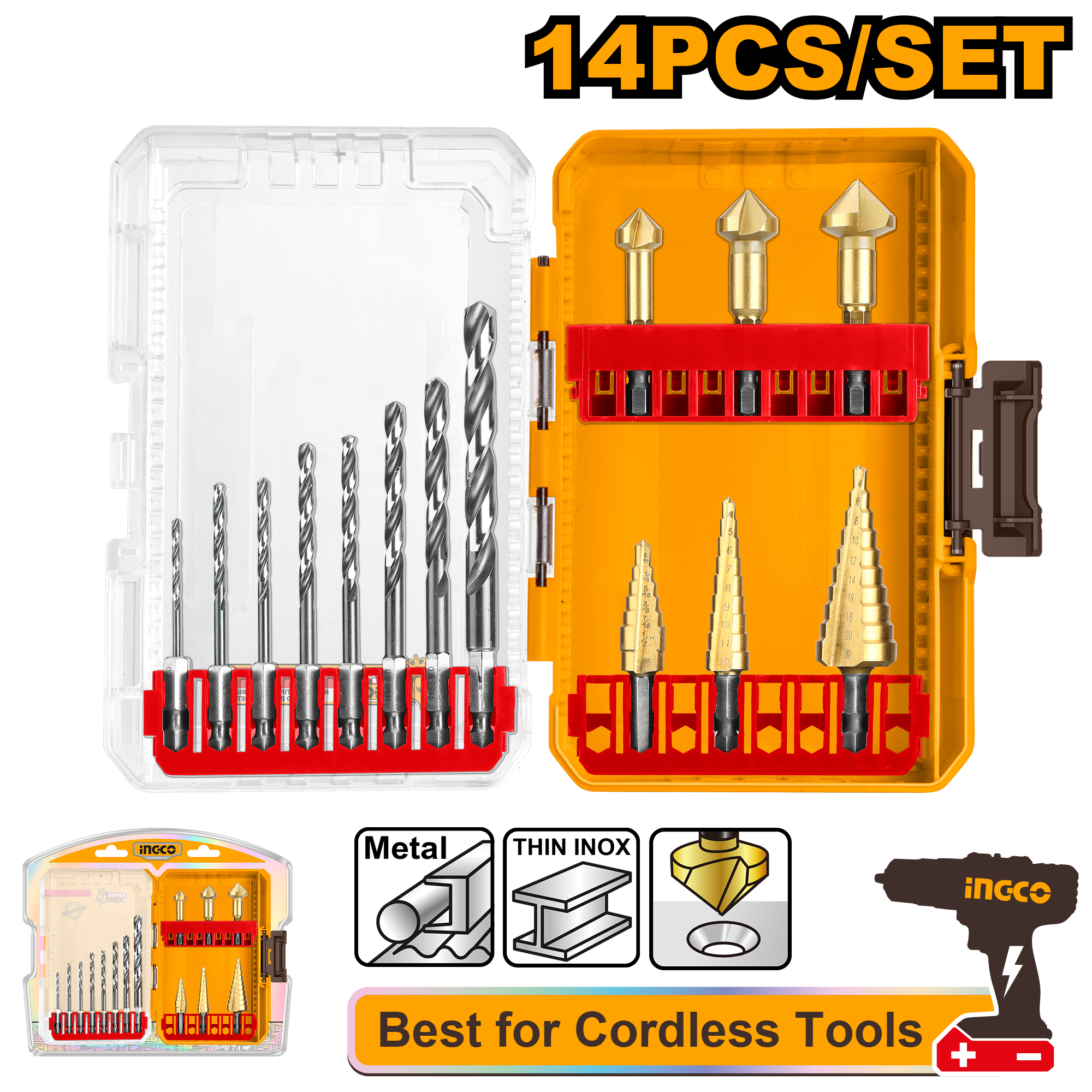 Drill bits and step drill bits 4341 hss 14pcs set - AKDL61401 - INGCO