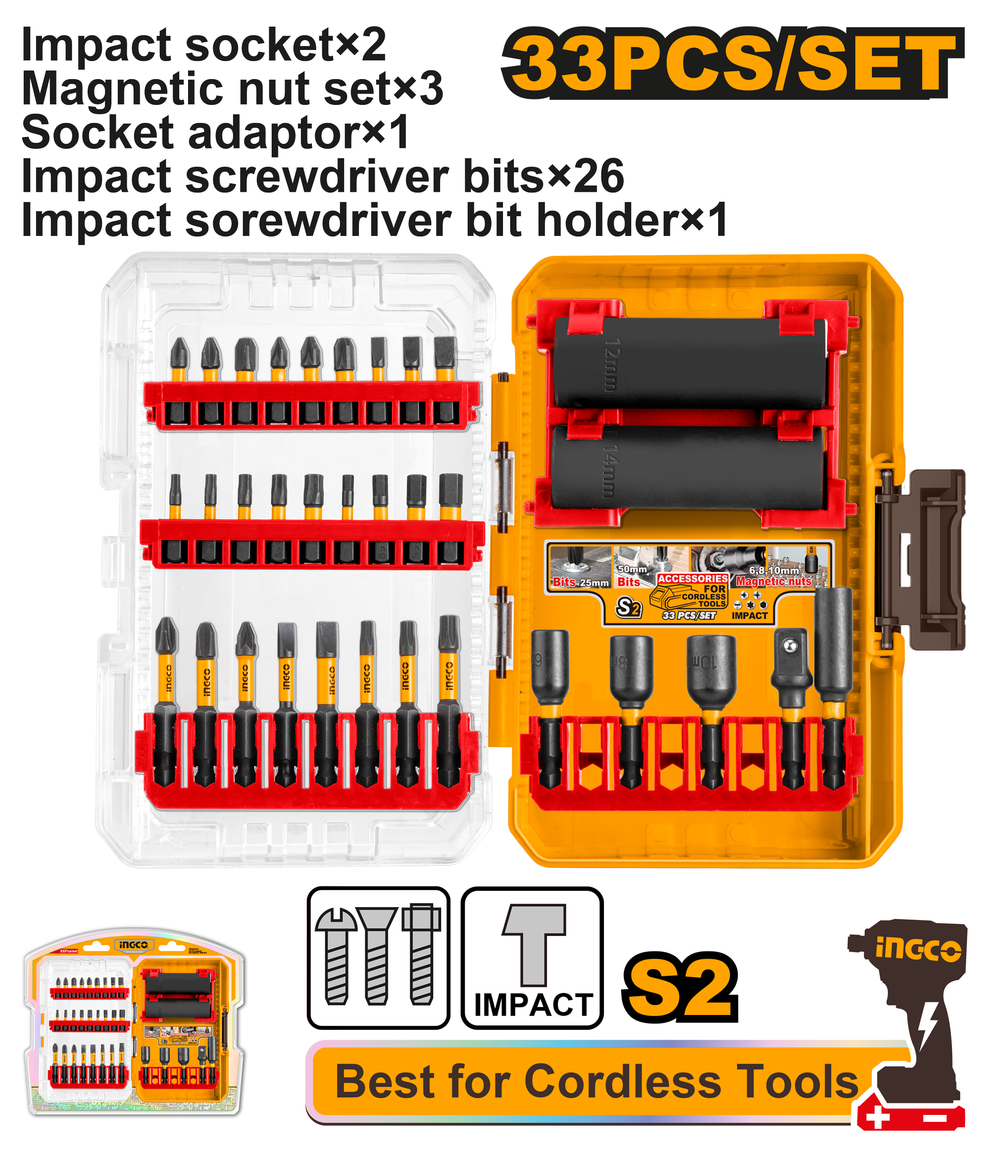 Impact screwdriver and sockets set 33pcs - AKDL63306 - INGCO