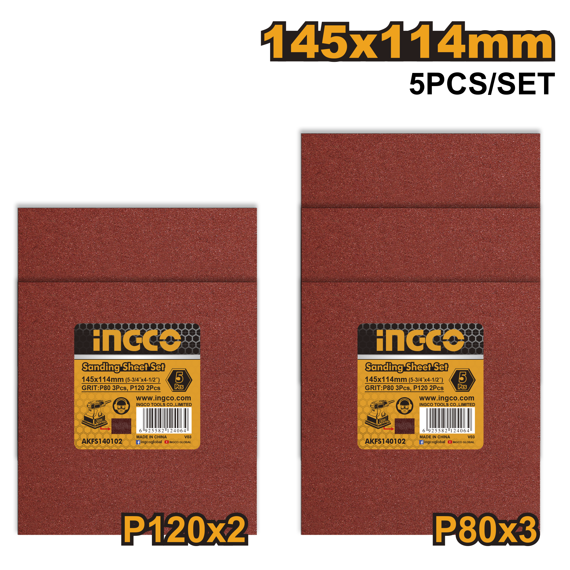 Sanding sheet set 145x114mm 3pcs p80 2pcs p120 - AKFS140102 - INGCO