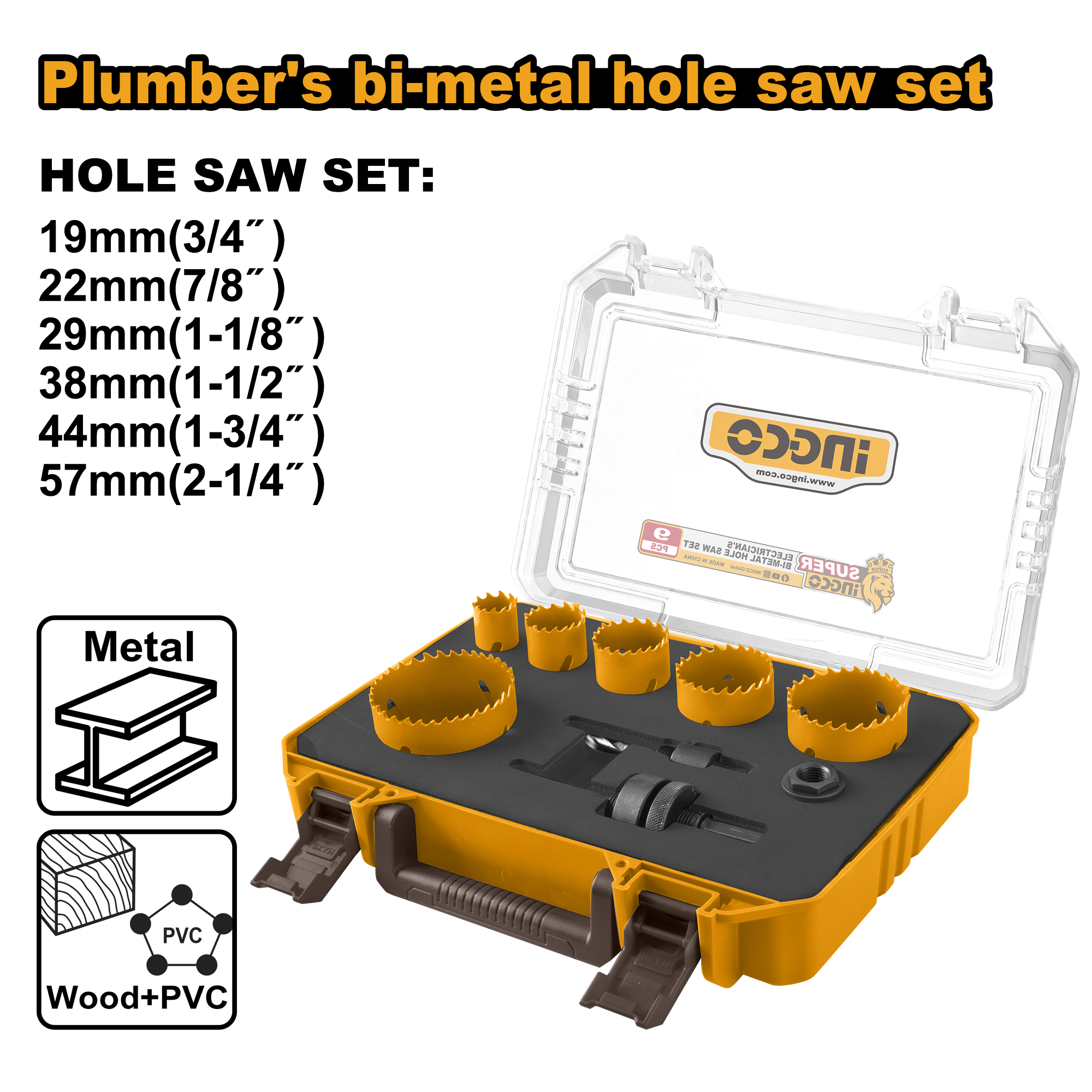 9Pcs plumbers bi metal hole saw set - AKH0091 - INGCO