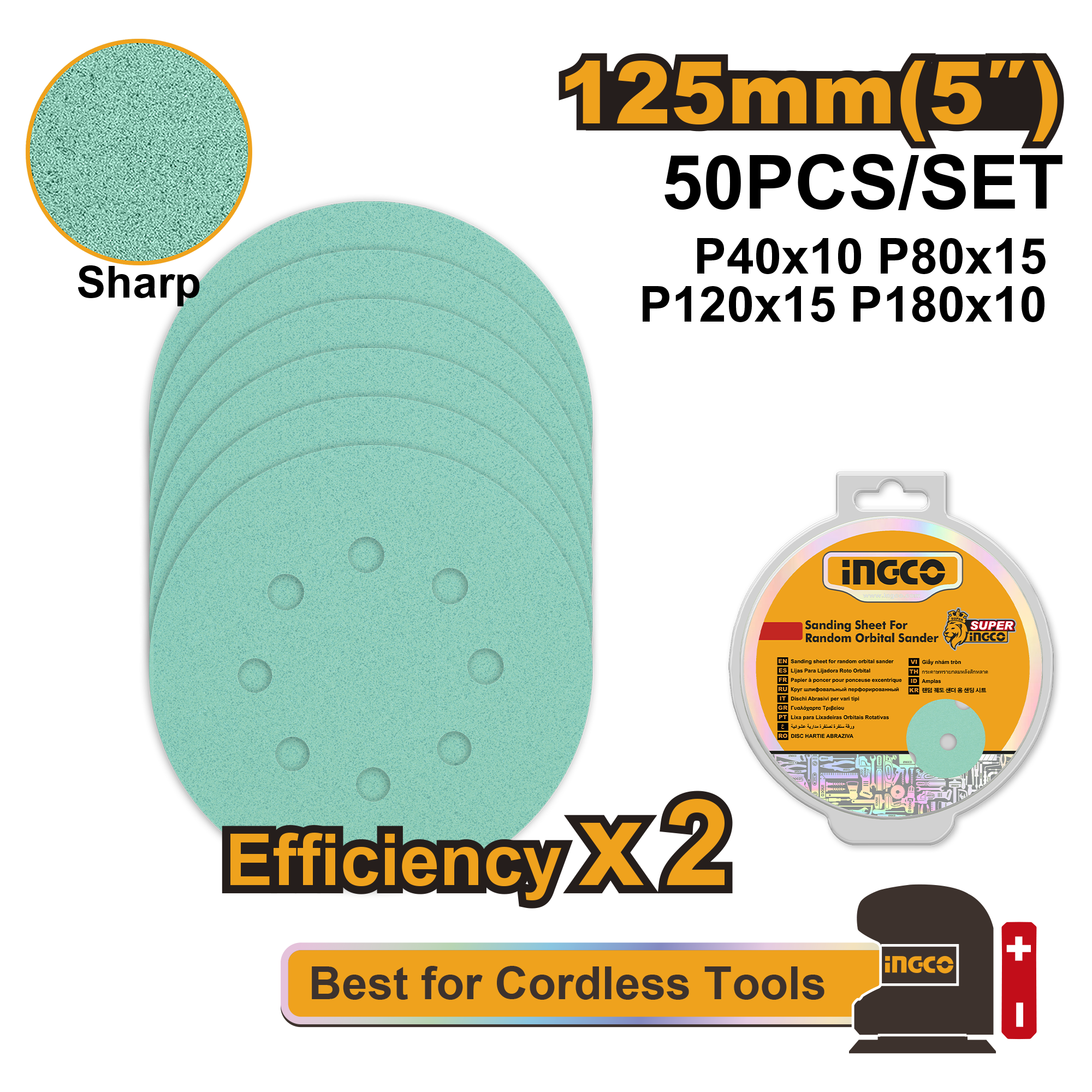 50Pcs sanding sheet for random orbital sander - AKRS125050 - INGCO