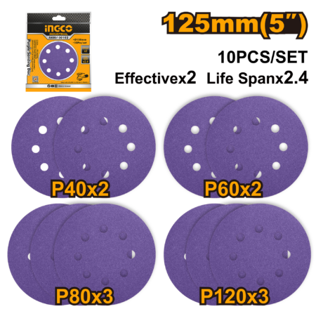 10Pcs purple sanding disc 125μμ - AKRS125101 - INGCO