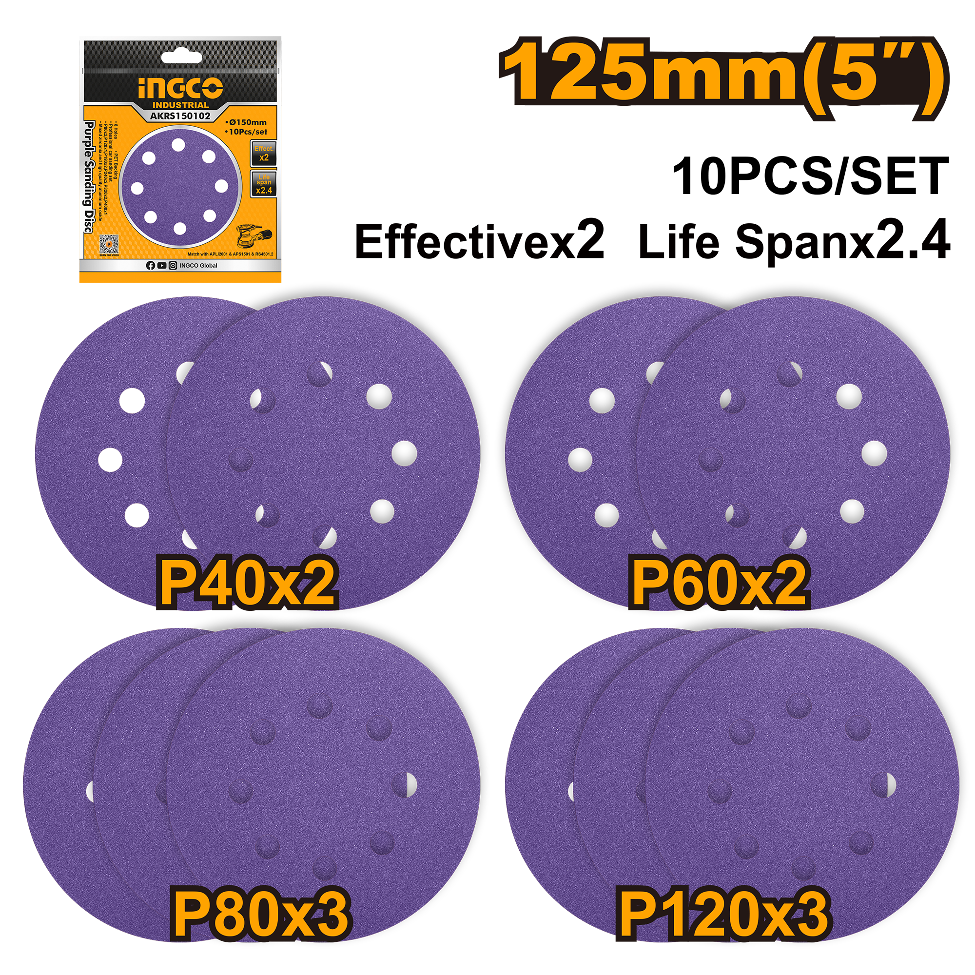 10Pcs purple sanding disc 125μμ - AKRS125101 - INGCO
