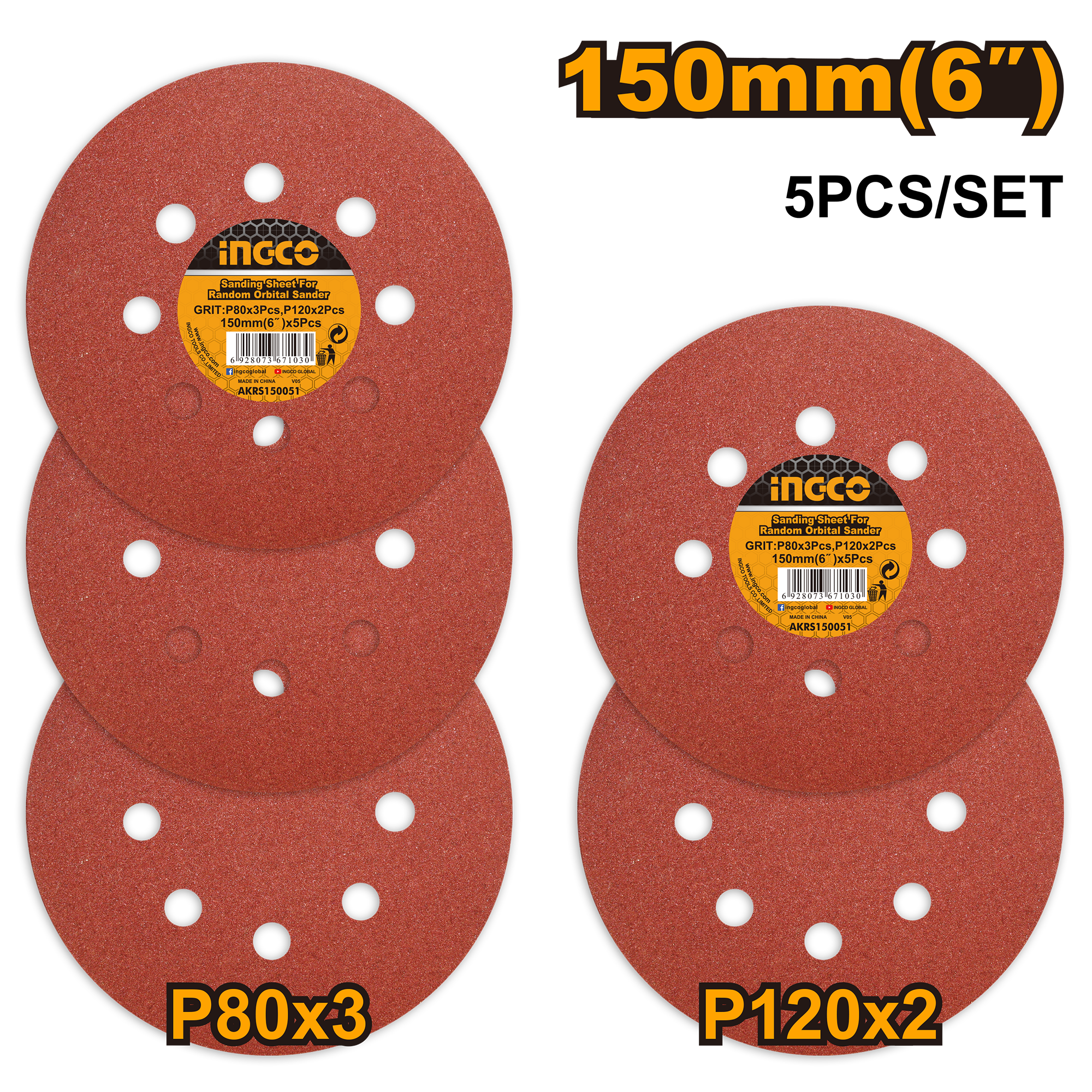 5Pcs sanding sheet for random orbital sander 150mm - AKRS150051 - INGCO