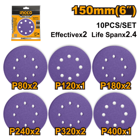 10Pcs purple sanding disc 150mm - AKRS150102 - INGCO