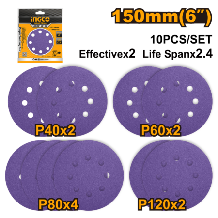 10Pcs purple sanding disc general abrasive work 150mm - AKRS150103 - INGCO