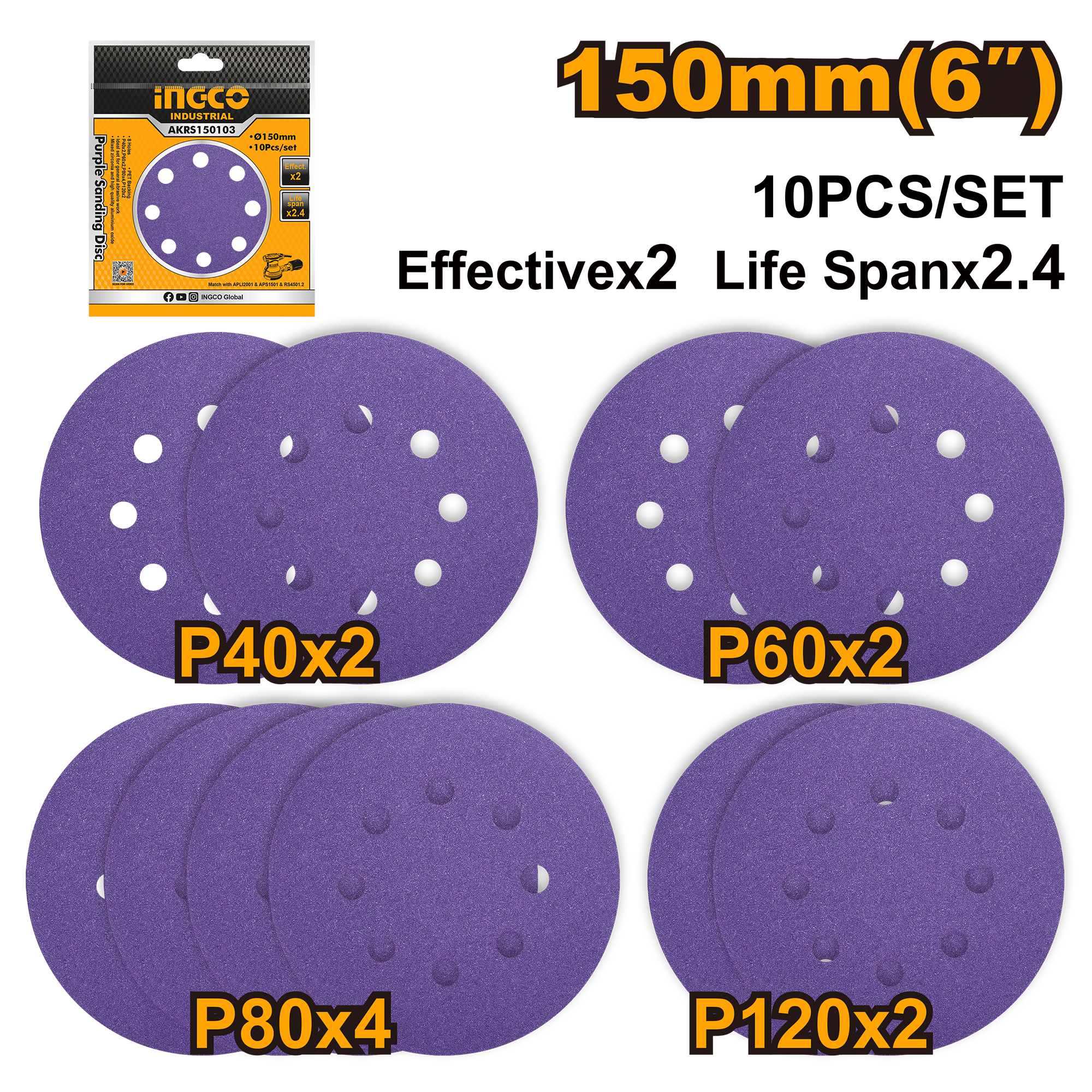 10Pcs purple sanding disc general abrasive work 150mm - AKRS150103 - INGCO