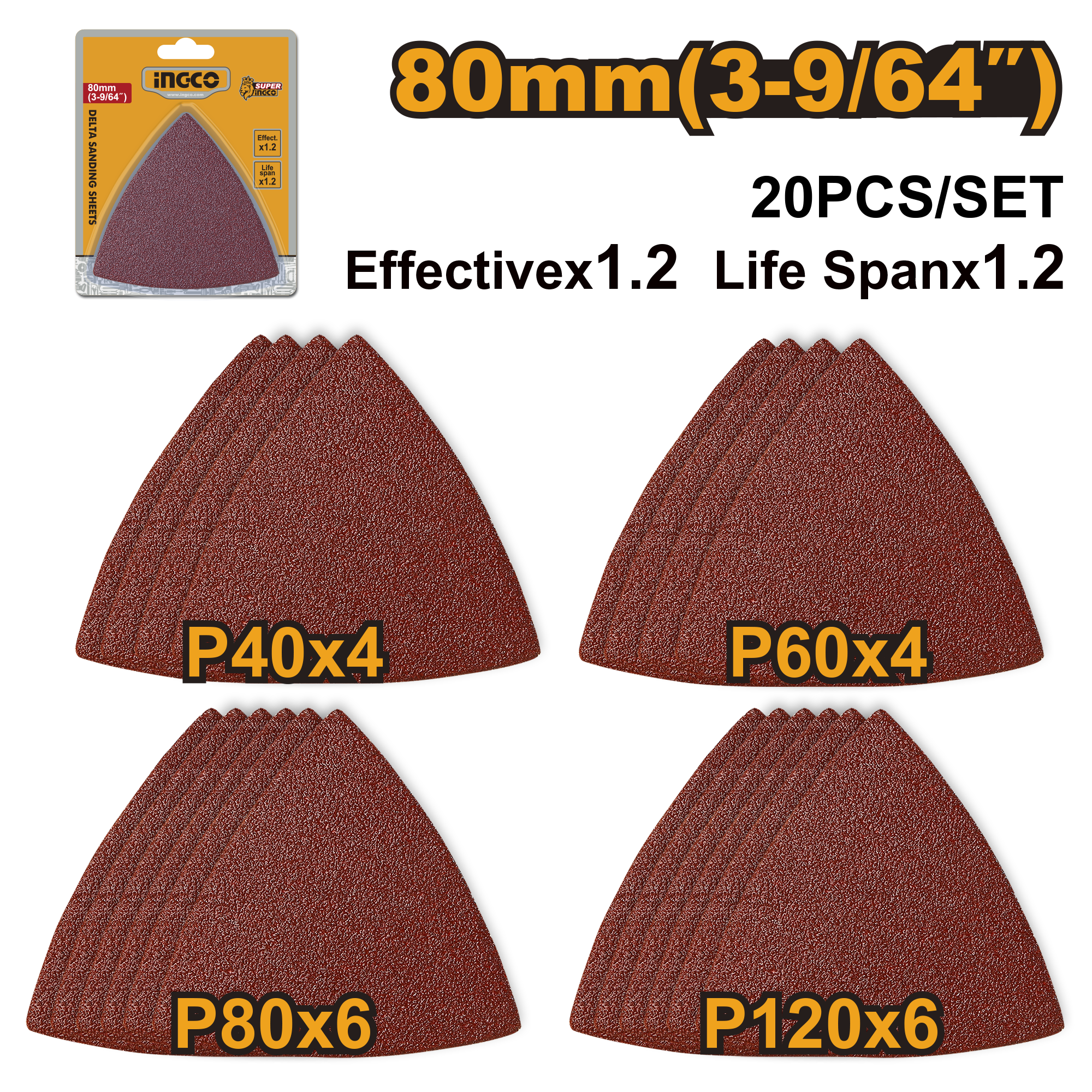 20Pcs delta sanding sheets 80mm - AKTS080201 - INGCO
