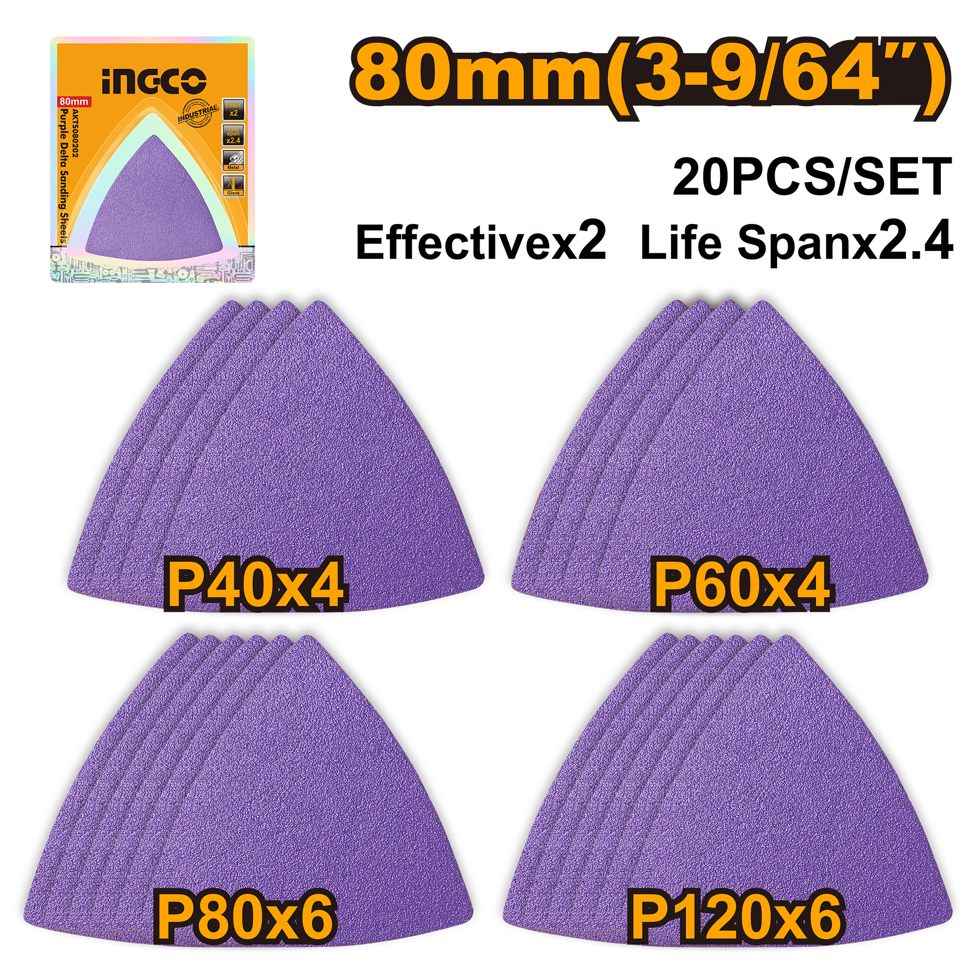 20Pcs purple delta sanding sheets 80mm - AKTS080202 - INGCO
