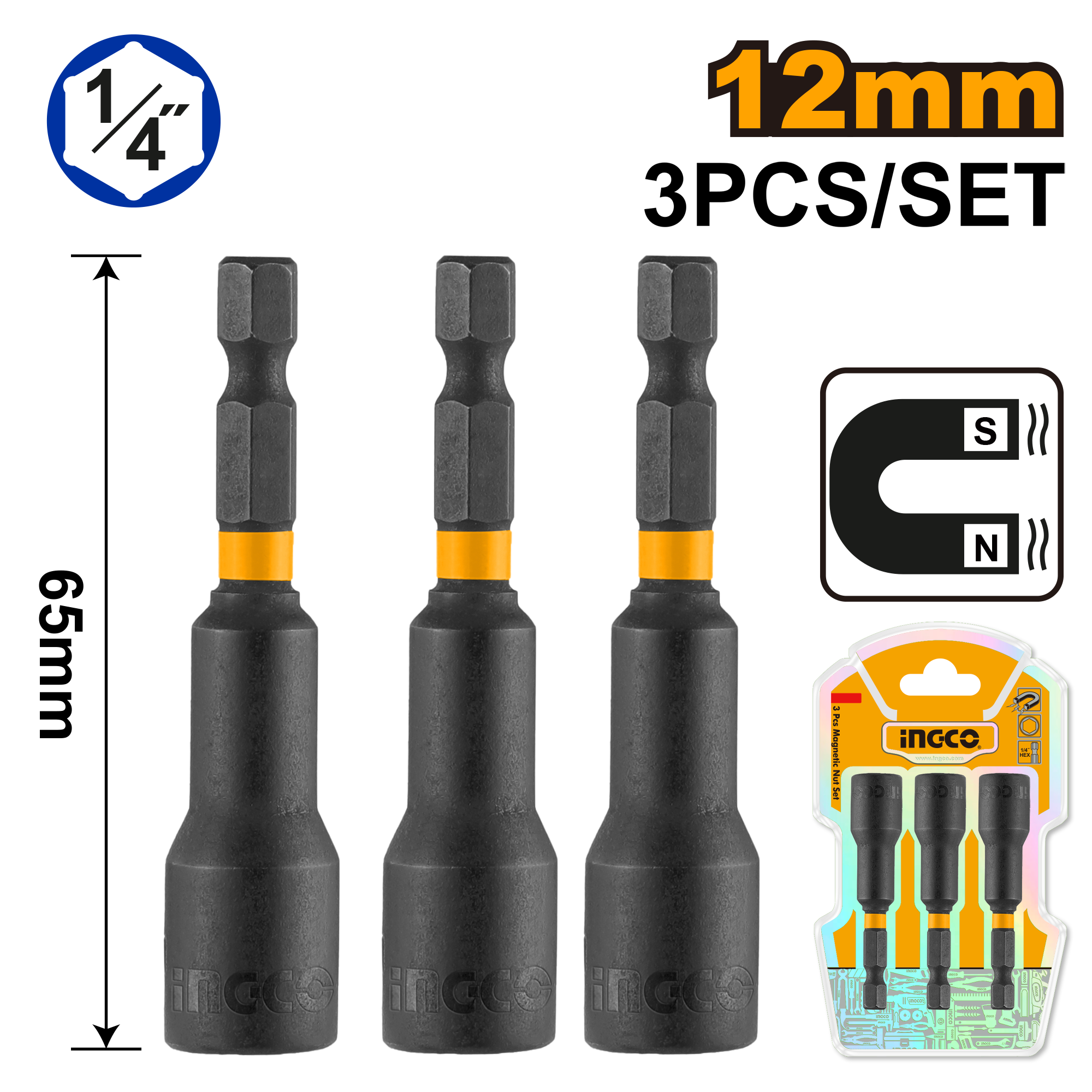 3Pcs impact magnetic nut set 12mm - AMN1231 - INGCO