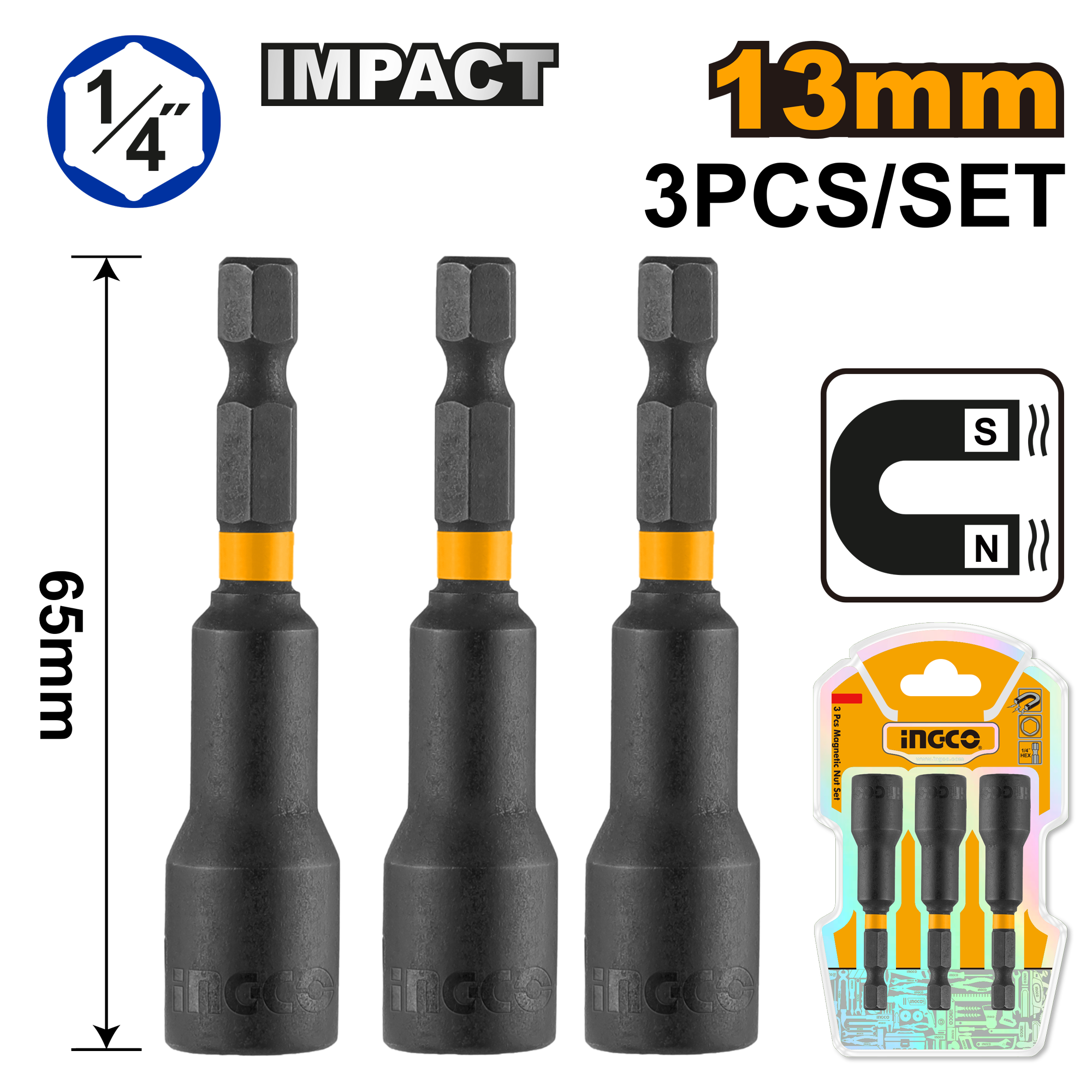 3Pcs impact magnetic nut set 13mm - AMN1331 - INGCO