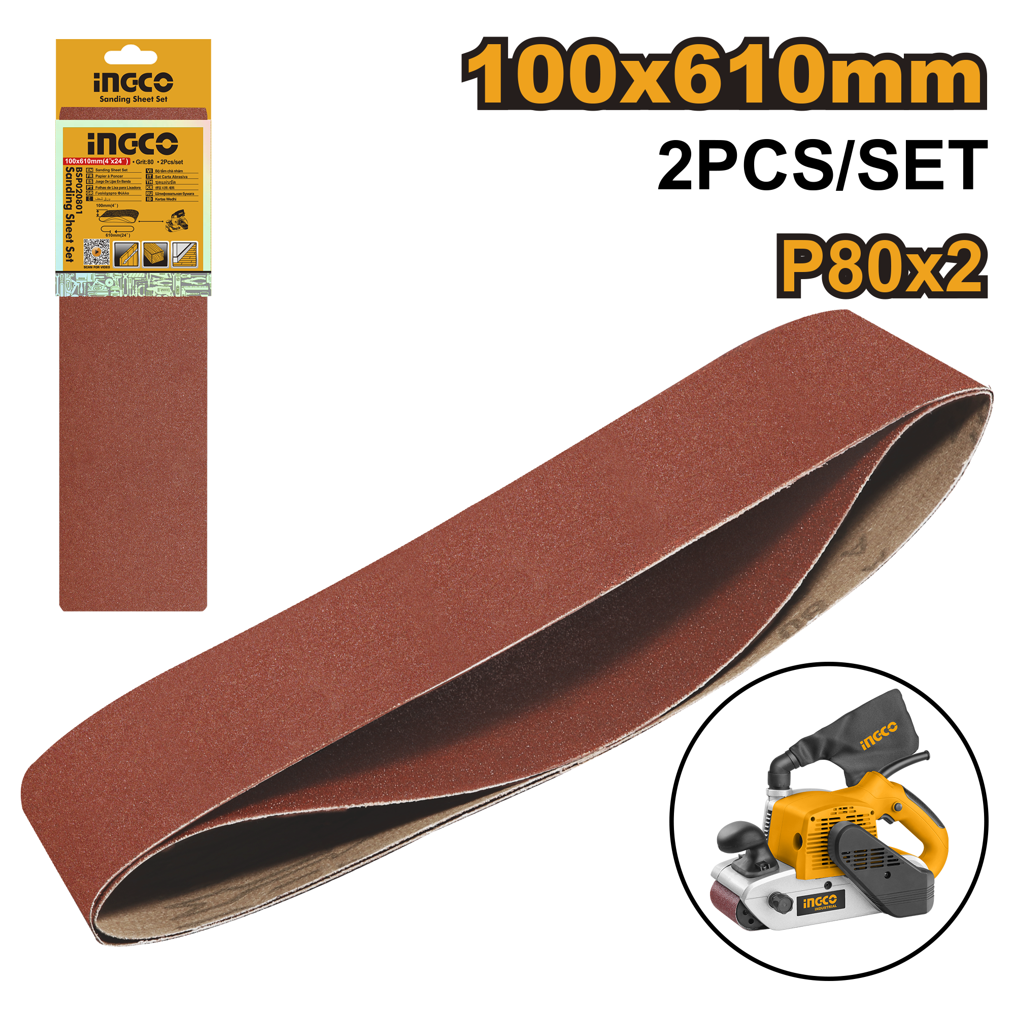 2Pcs p80 sanding sheet set 100x610mm - BSP020801 - INGCO