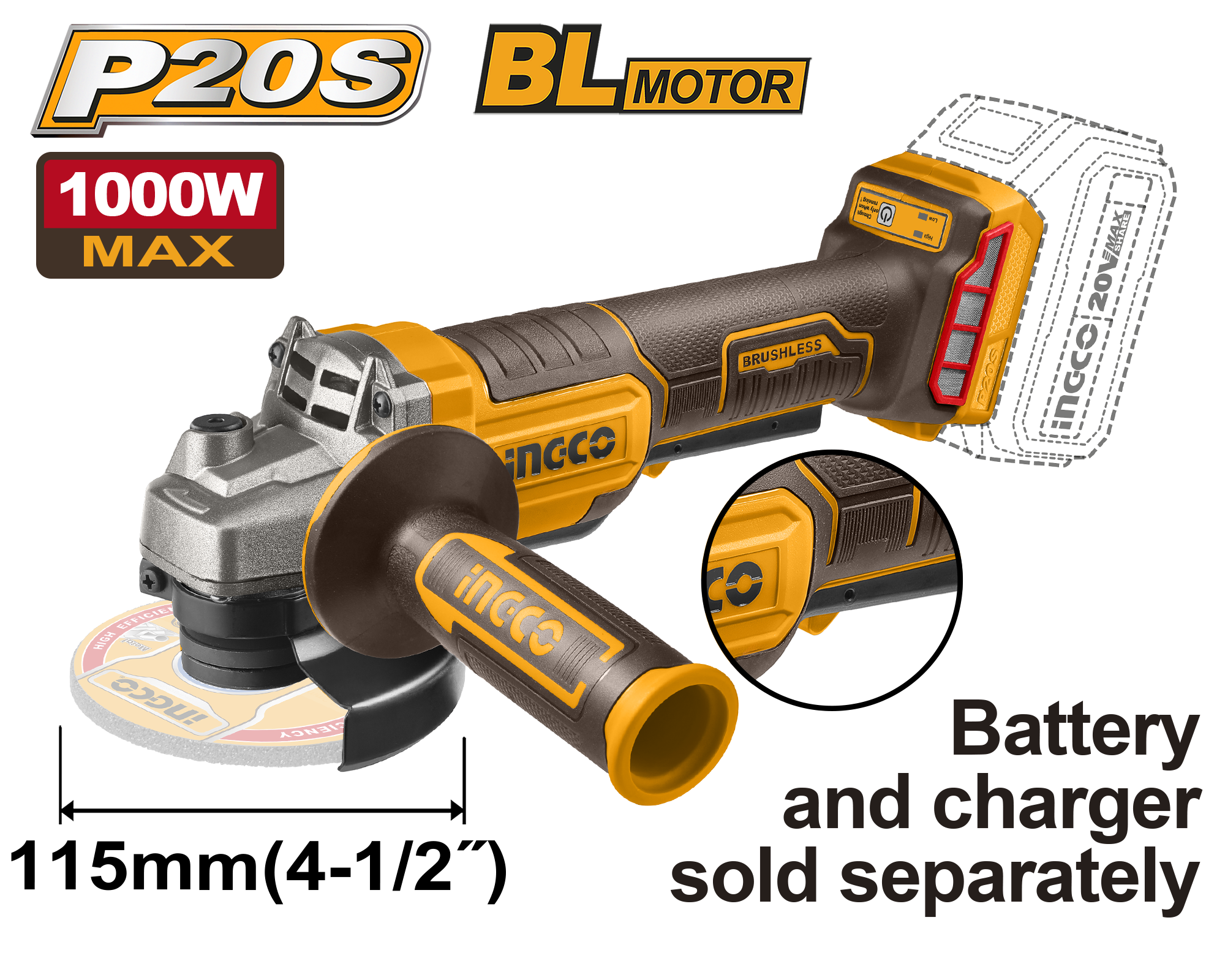 Lithium ion angle grinder 20v bl solo - CAGLI211156 - INGCO