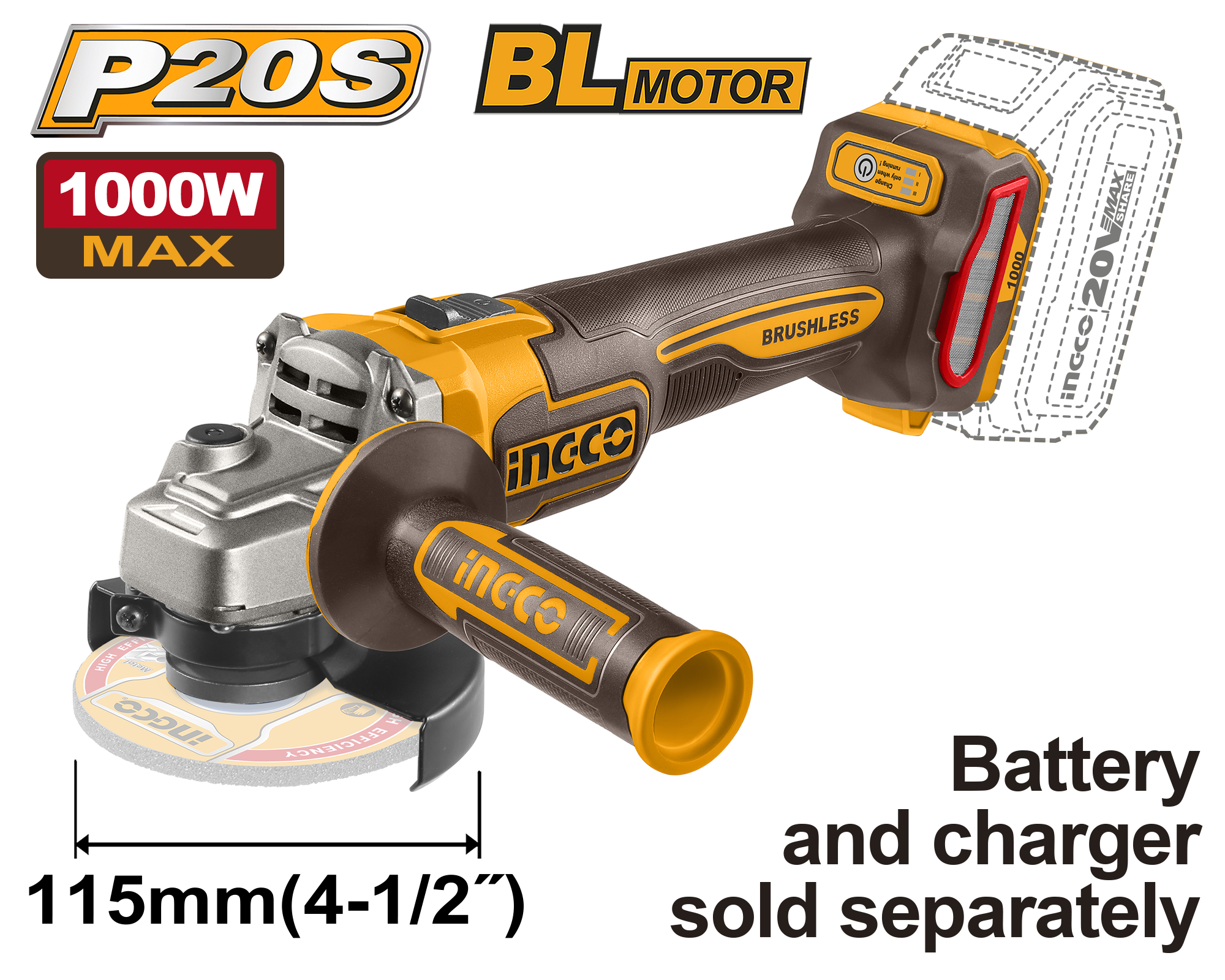 Cordless angle grinder bl solo 20v - CAGLI27153E - INGCO
