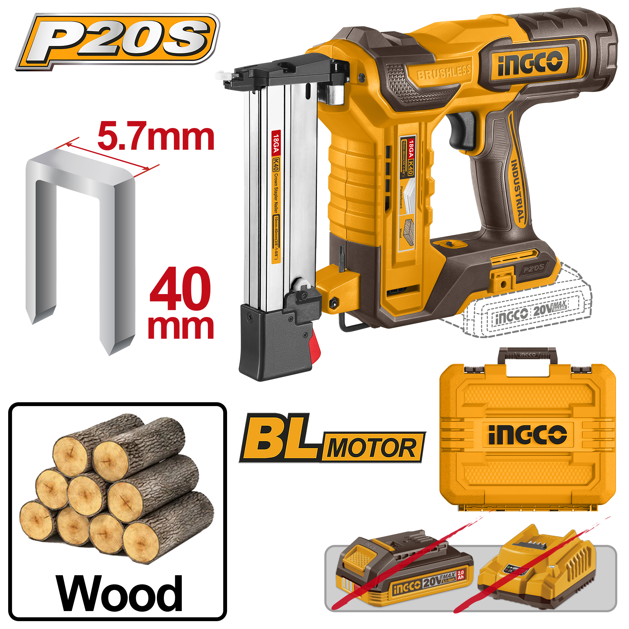 Cordless crown stapler nailer 20v solo - CCSNLI6005 - INGCO