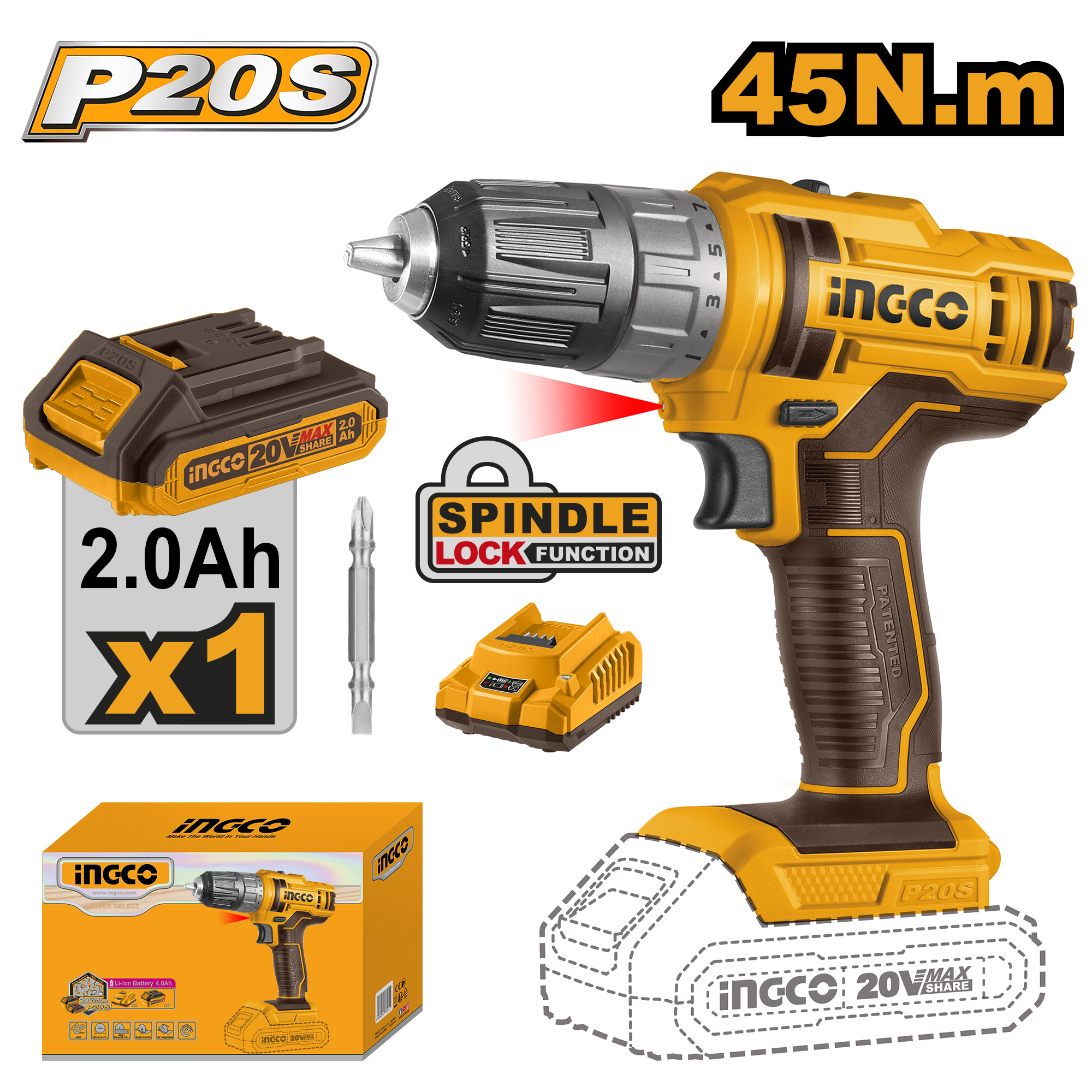 Lithium ion drill 20v set - CDLI20051E - INGCO