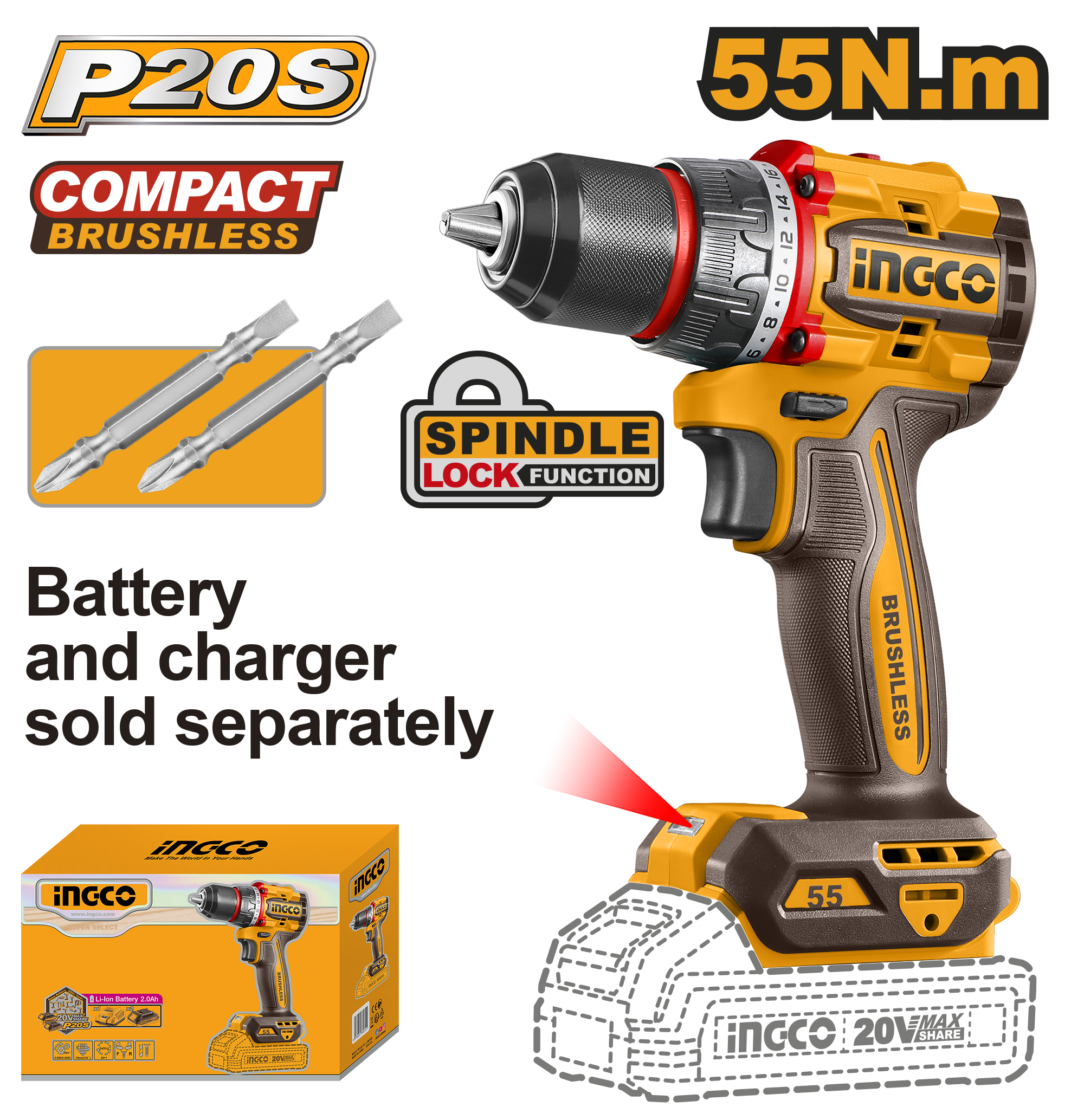 Compact brushless cordless drill 55nm solo - CDLI205581 - INGCO