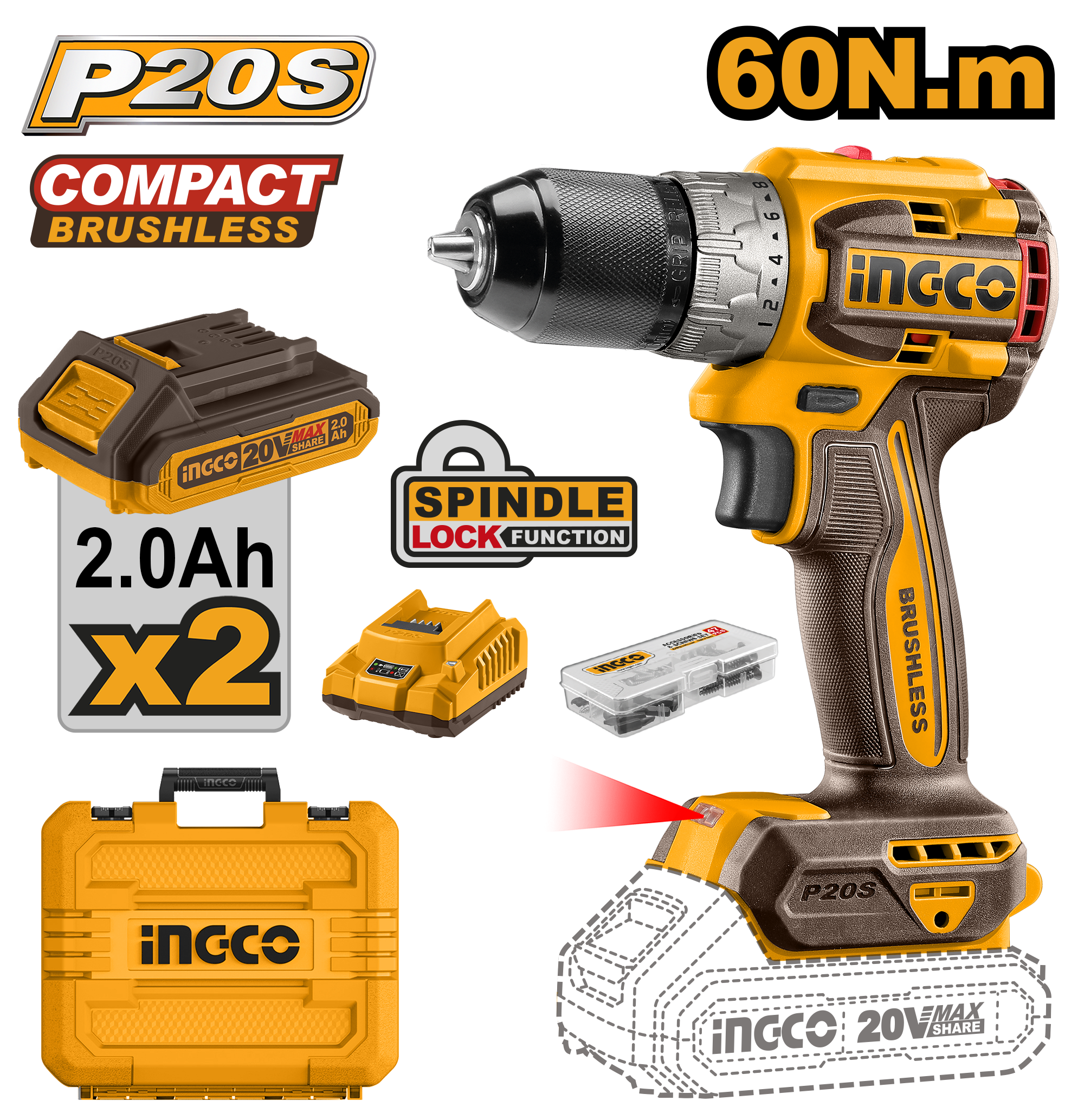Compact brushless cordless drill 60nm set - CDLI20602E - INGCO