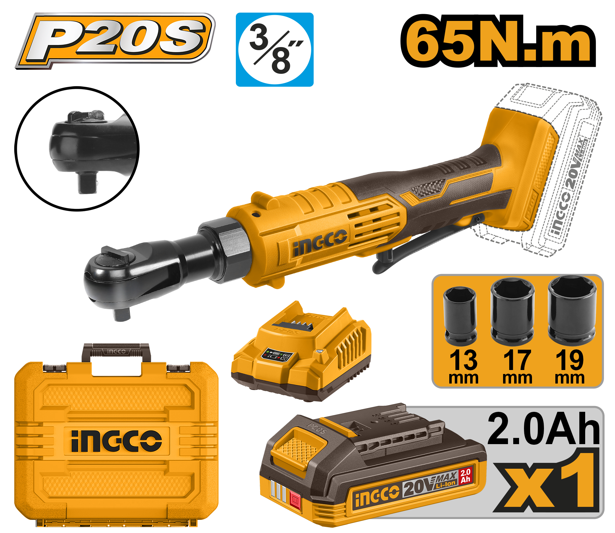 Cordless drive ratchet 65nm 3 8 set - CDRLI2060152 - INGCO