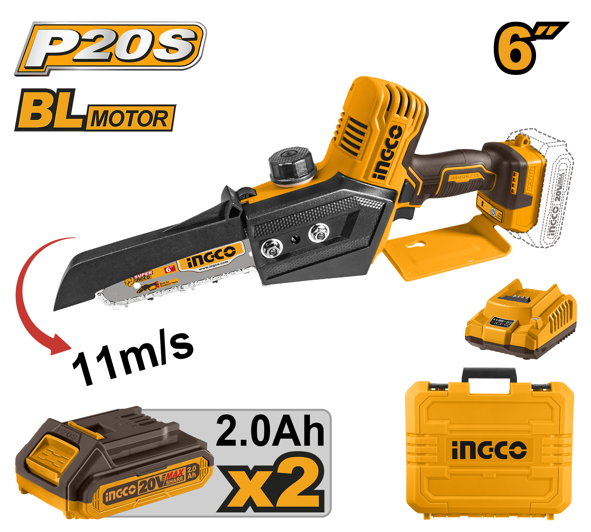 Cordless mini chain saw 20v 6’’ set 2batteries - CGSLI20686 - INGCO
