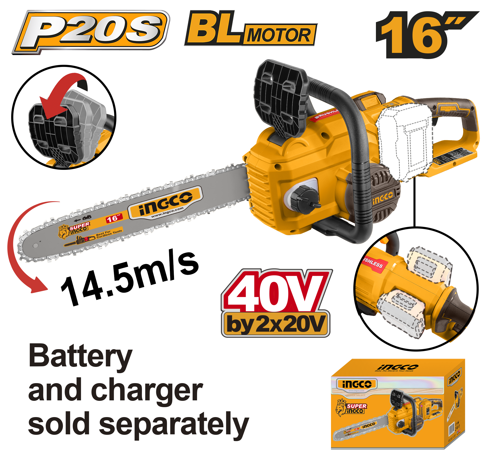 Lithium ion chain saw 40v 16’’ solo - CGSLI40168 - INGCO
