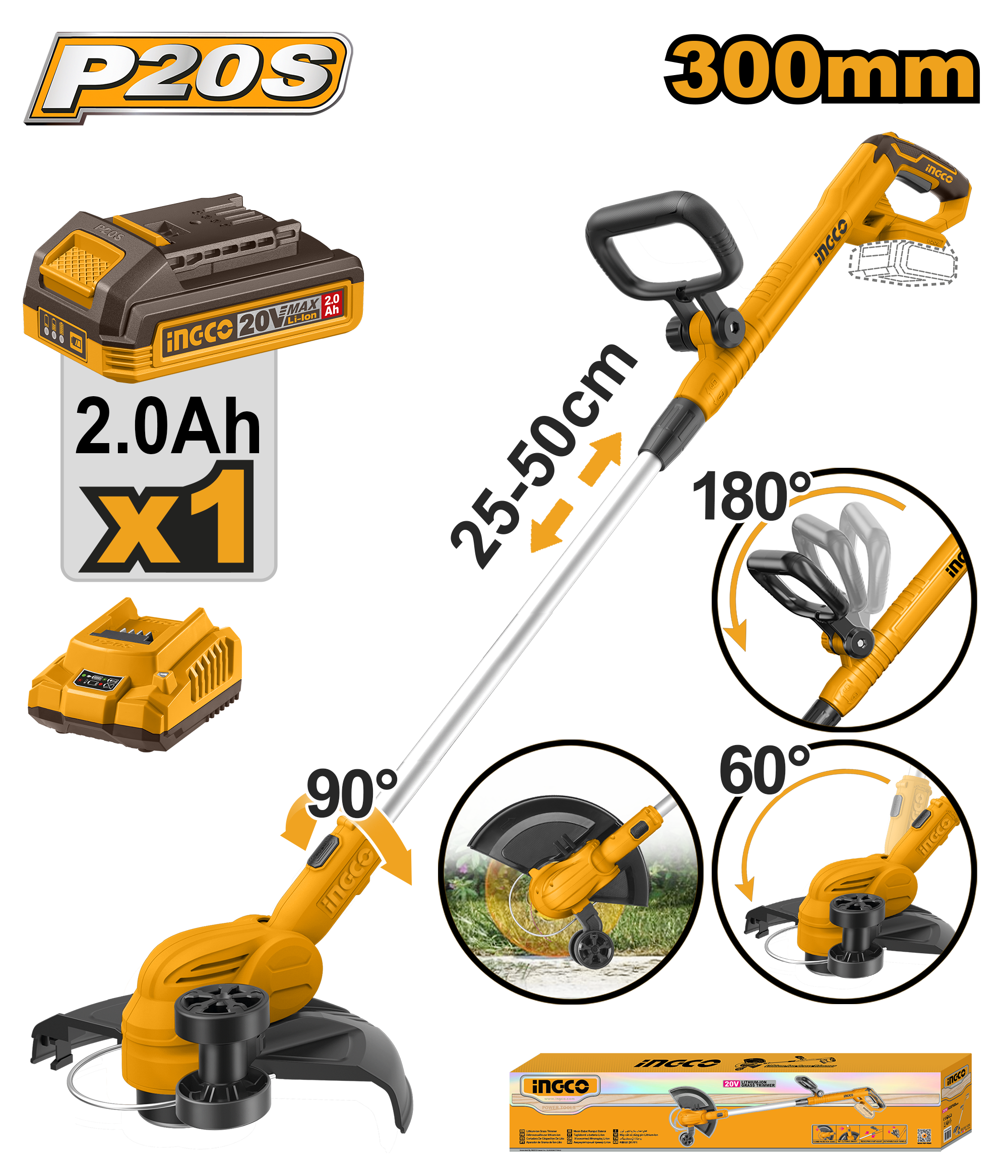 Cordless grass trimmer 300mm set - CGTLI203285 - INGCO